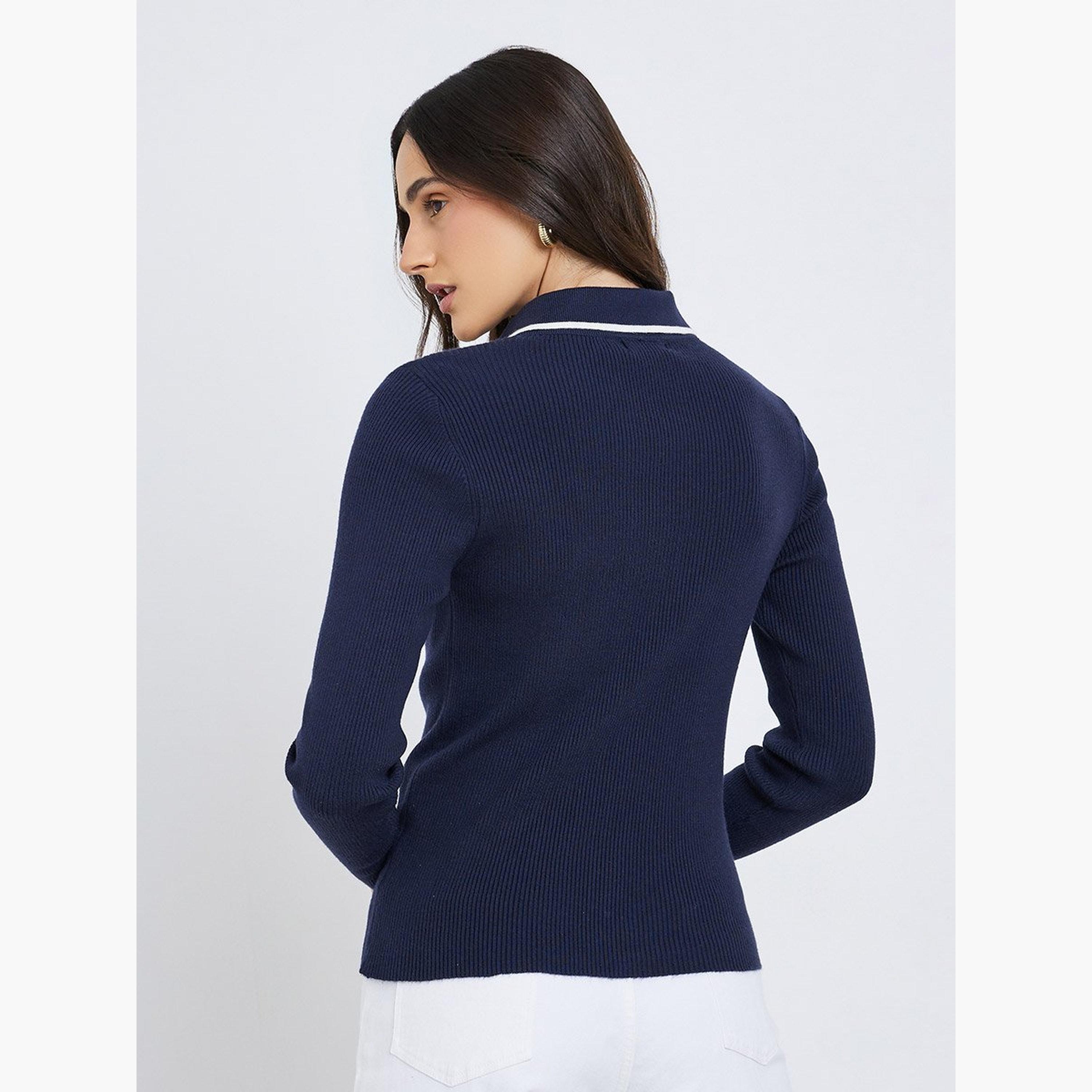 ستايلي - قميص بولو بأكمام طويلة ومضلع ومحكم-women-clothing-tshirts-image-5