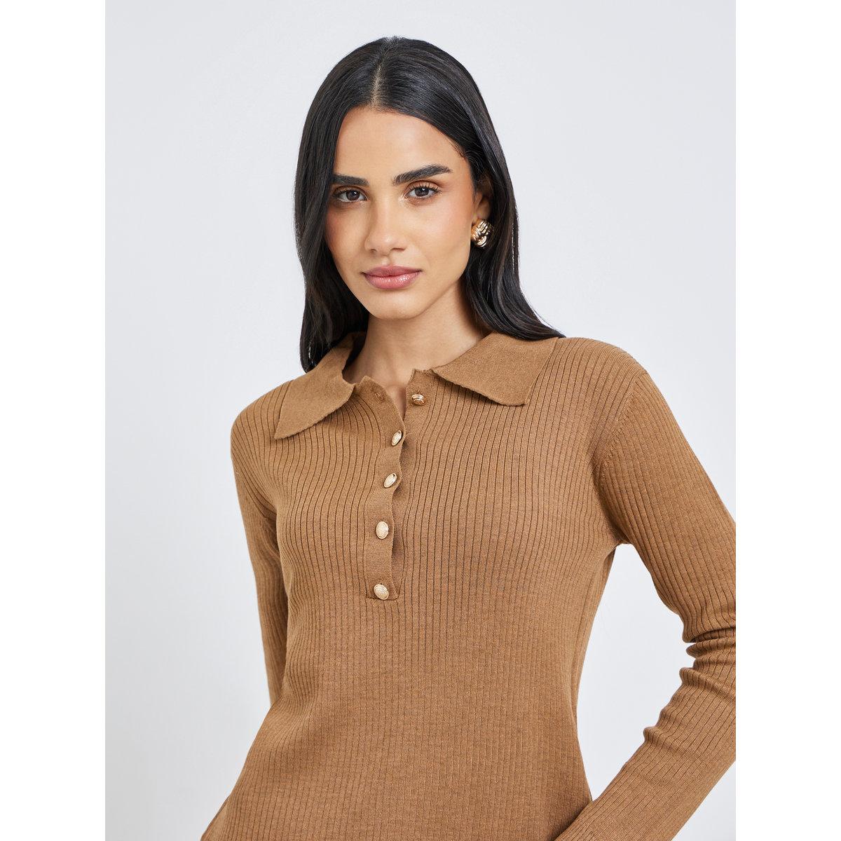 بلوزة بولو محبوكة بتفاصيل مُضلعة-women-clothing-tshirts-image-4