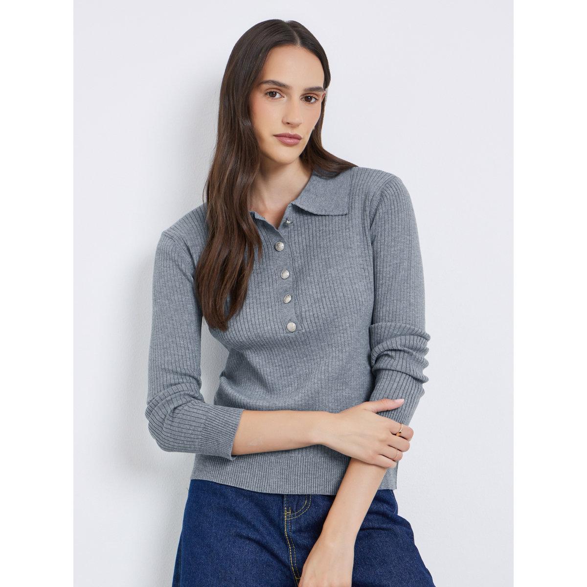 Styli Women Grey Ribbed Knit Polo Top-women-clothing-tshirts-image-1