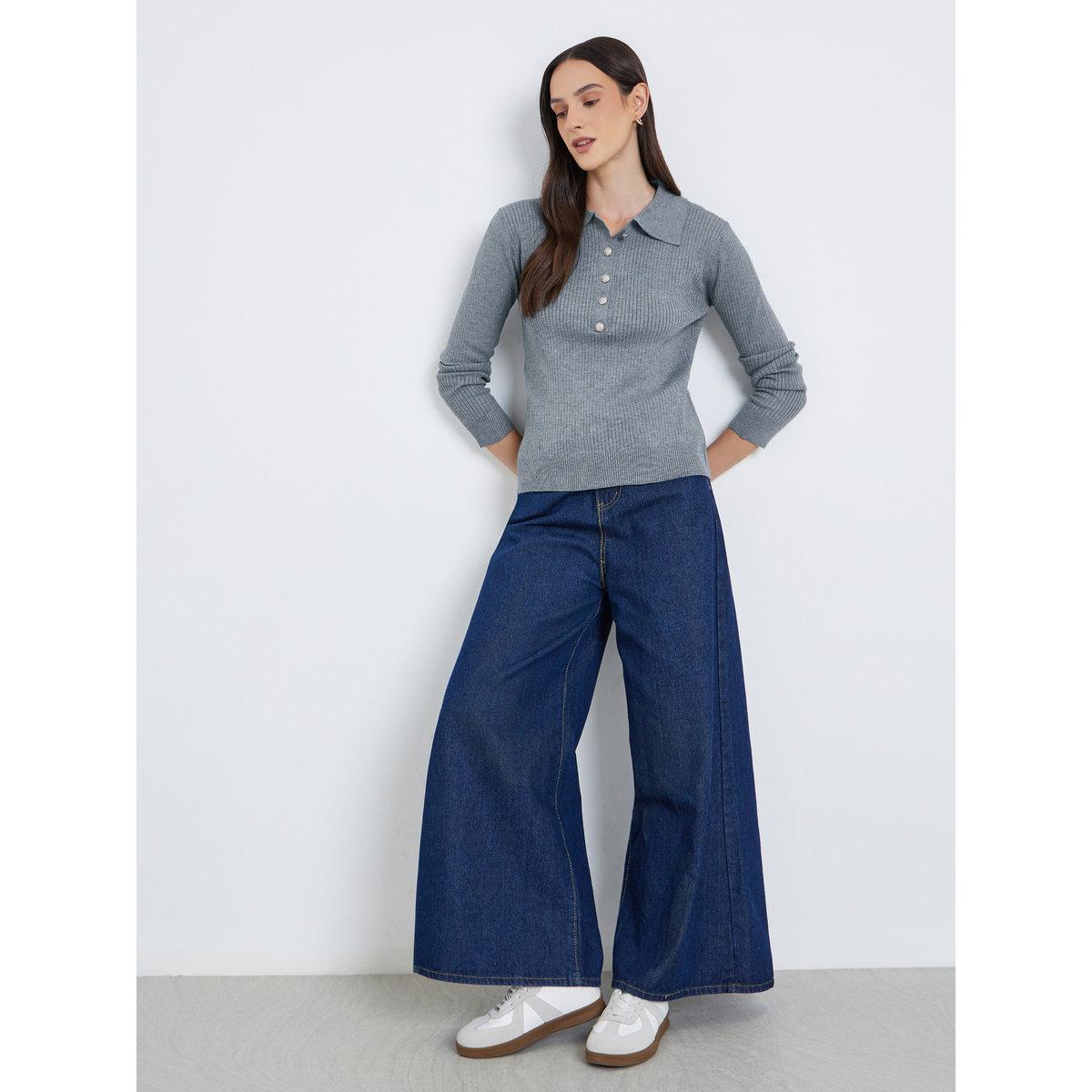 Styli Women Grey Ribbed Knit Polo Top-women-clothing-tshirts-image-2