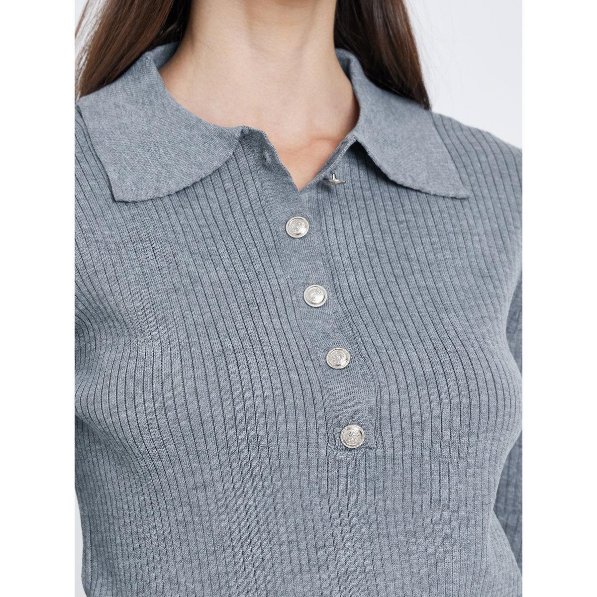 Styli Women Grey Ribbed Knit Polo Top-women-clothing-tshirts-image-3
