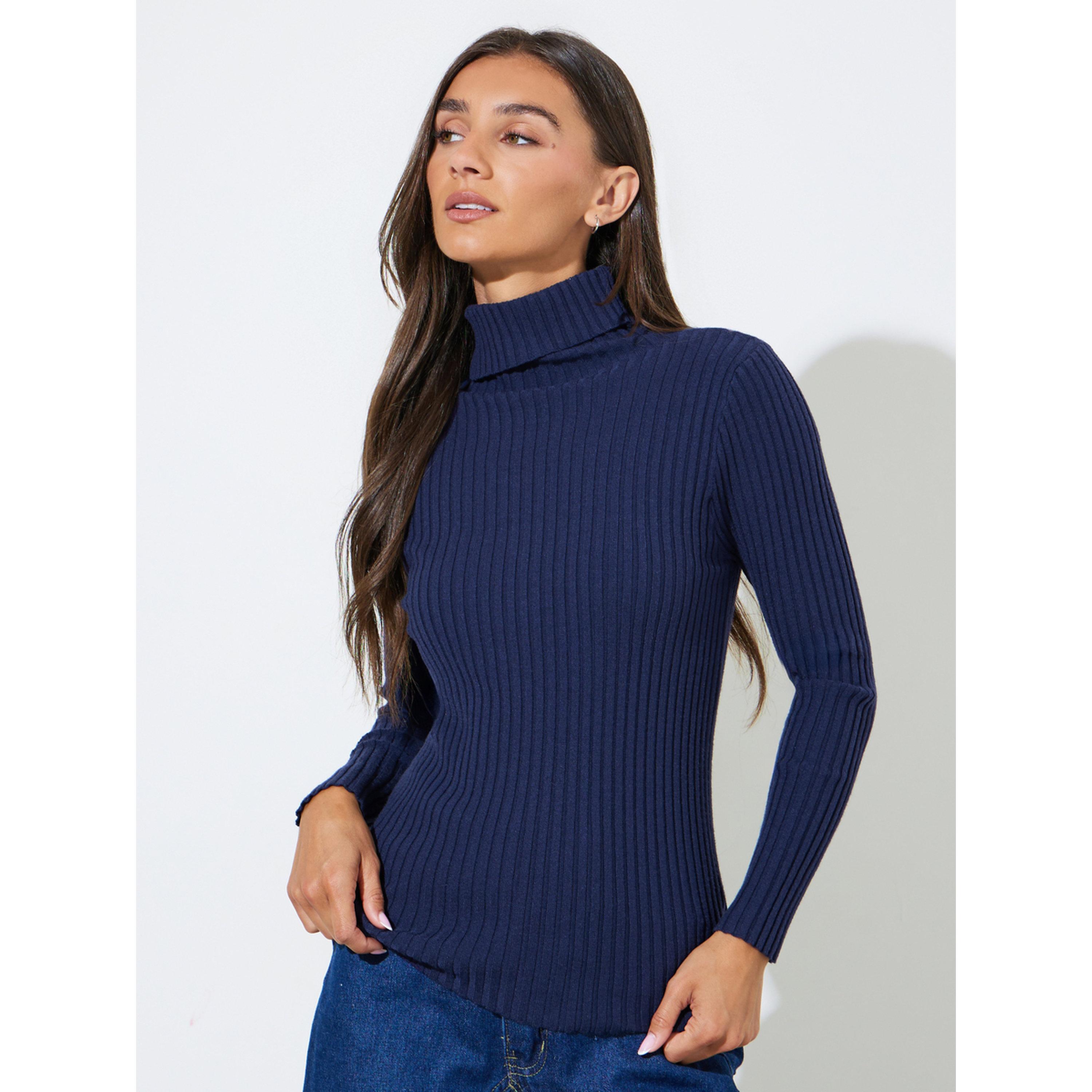ستايلي - بلوزة  زرقاء داكنة محبوكة مضلعة بياقة عالية-women-clothing-shirtsandblouses-blouses-image-1