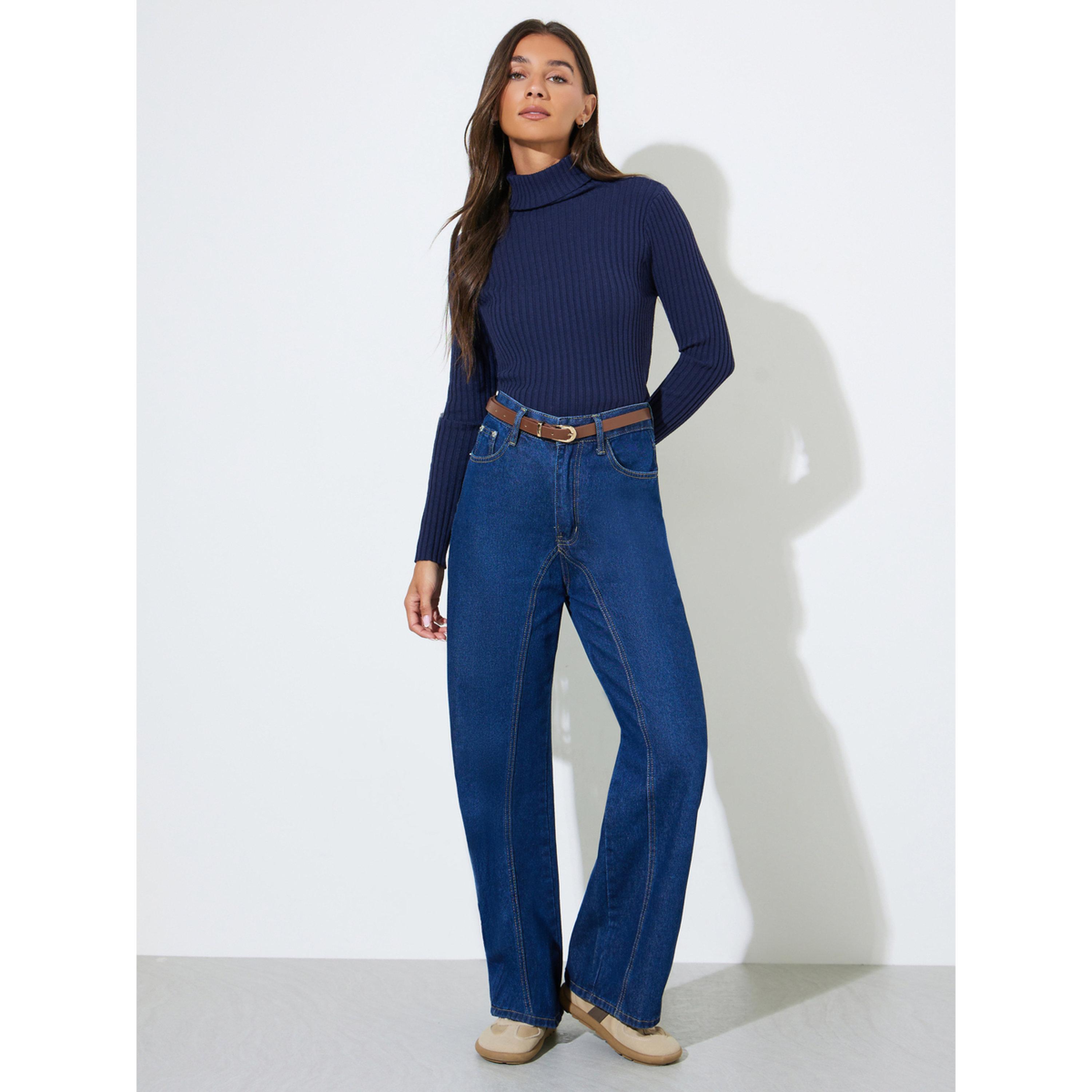 Styli Navy Blue Ribbed Knit Turtleneck Top-women-clothing-shirtsandblouses-blouses-image-2