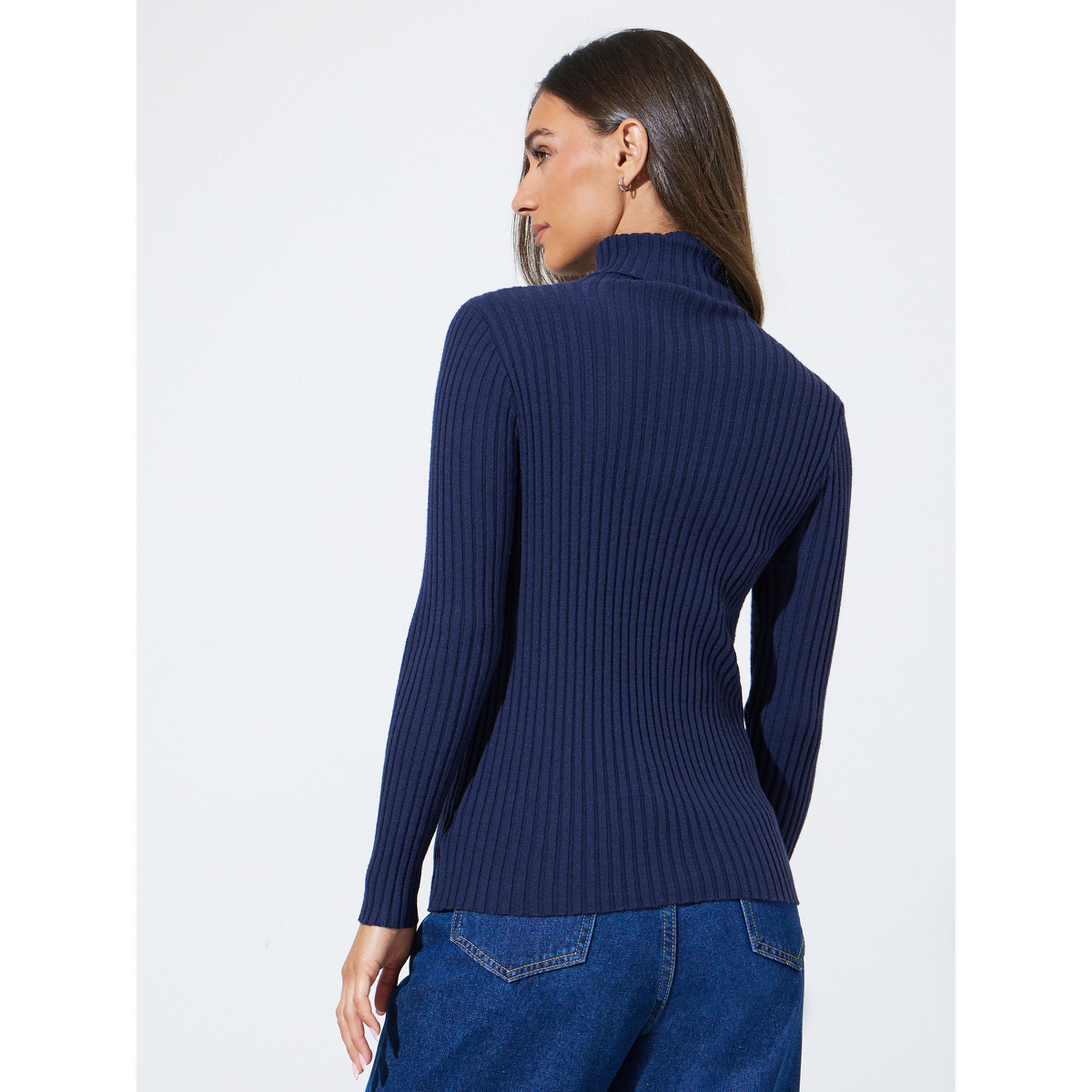 ستايلي - بلوزة  زرقاء داكنة محبوكة مضلعة بياقة عالية-women-clothing-shirtsandblouses-blouses-image-3