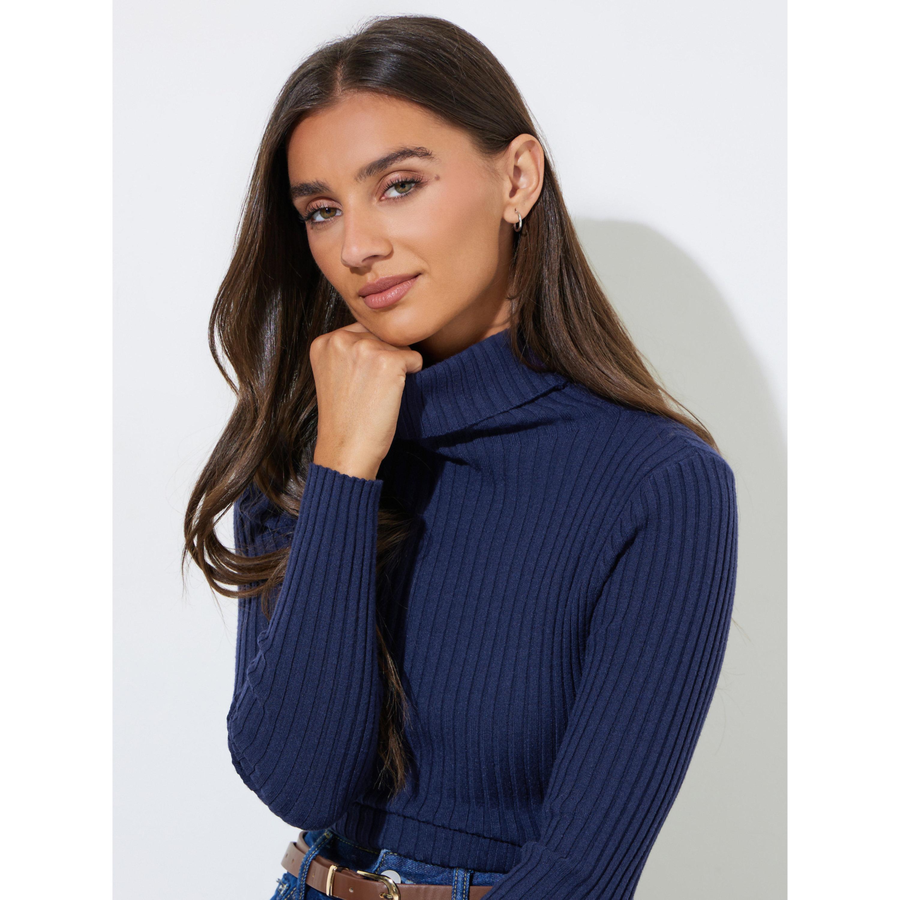 ستايلي - بلوزة  زرقاء داكنة محبوكة مضلعة بياقة عالية-women-clothing-shirtsandblouses-blouses-image-4