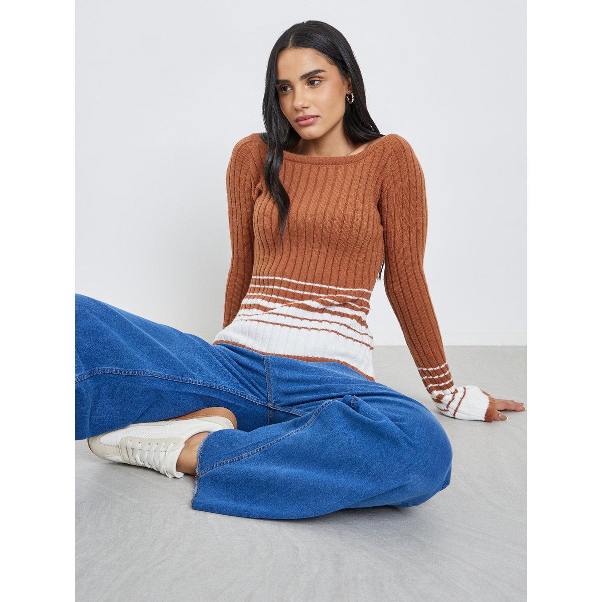 Styli Brown Ribbed Knit Striped Top-women-clothing-tshirts-image-1