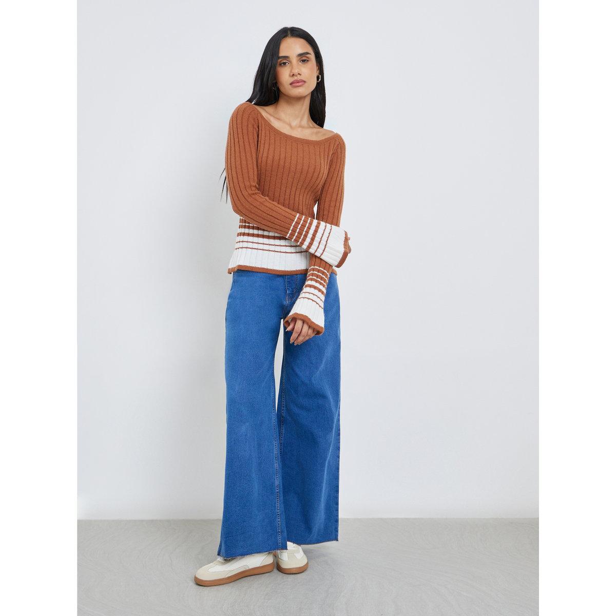 Styli Brown Ribbed Knit Striped Top-women-clothing-tshirts-image-2