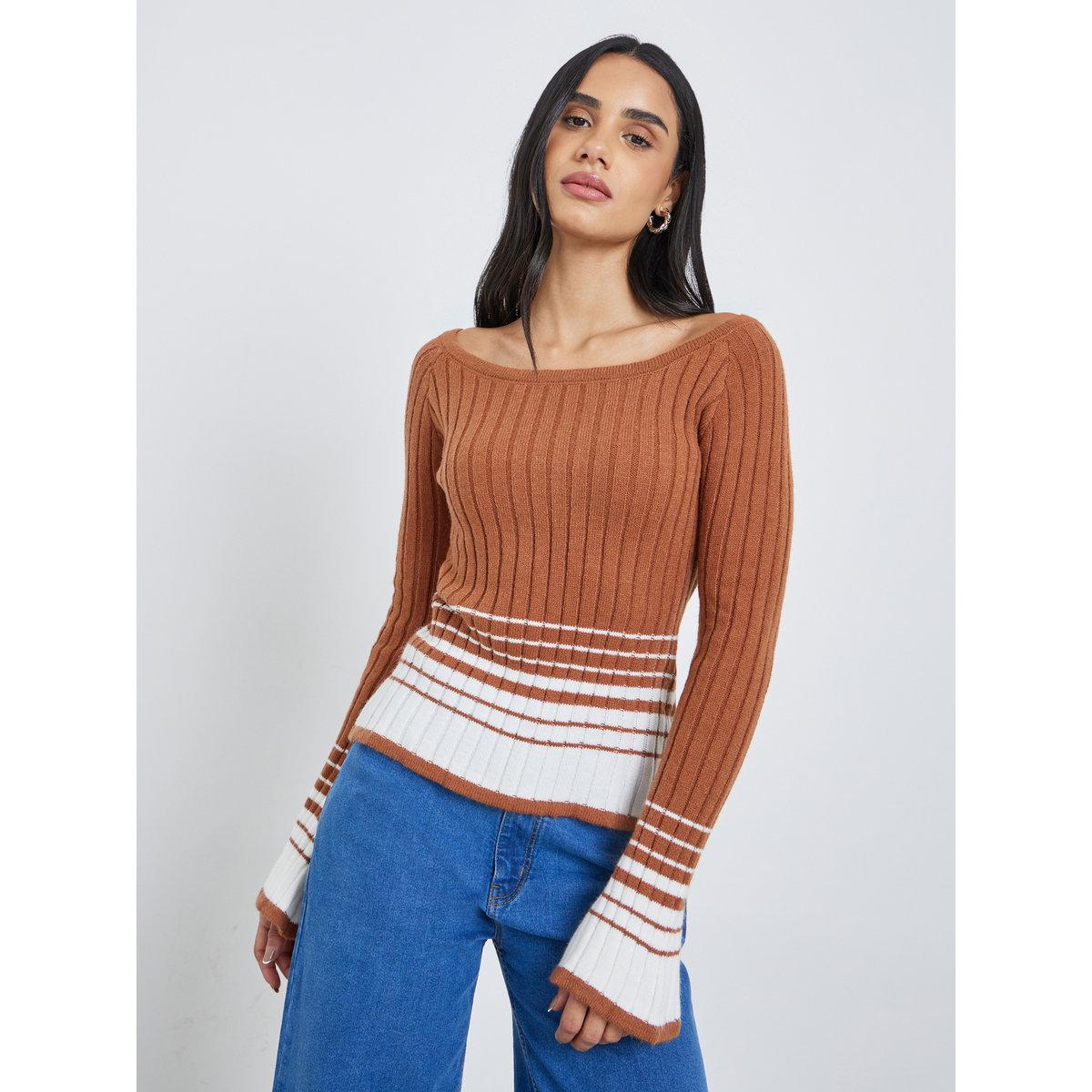 Styli Brown Ribbed Knit Striped Top-women-clothing-tshirts-image-3