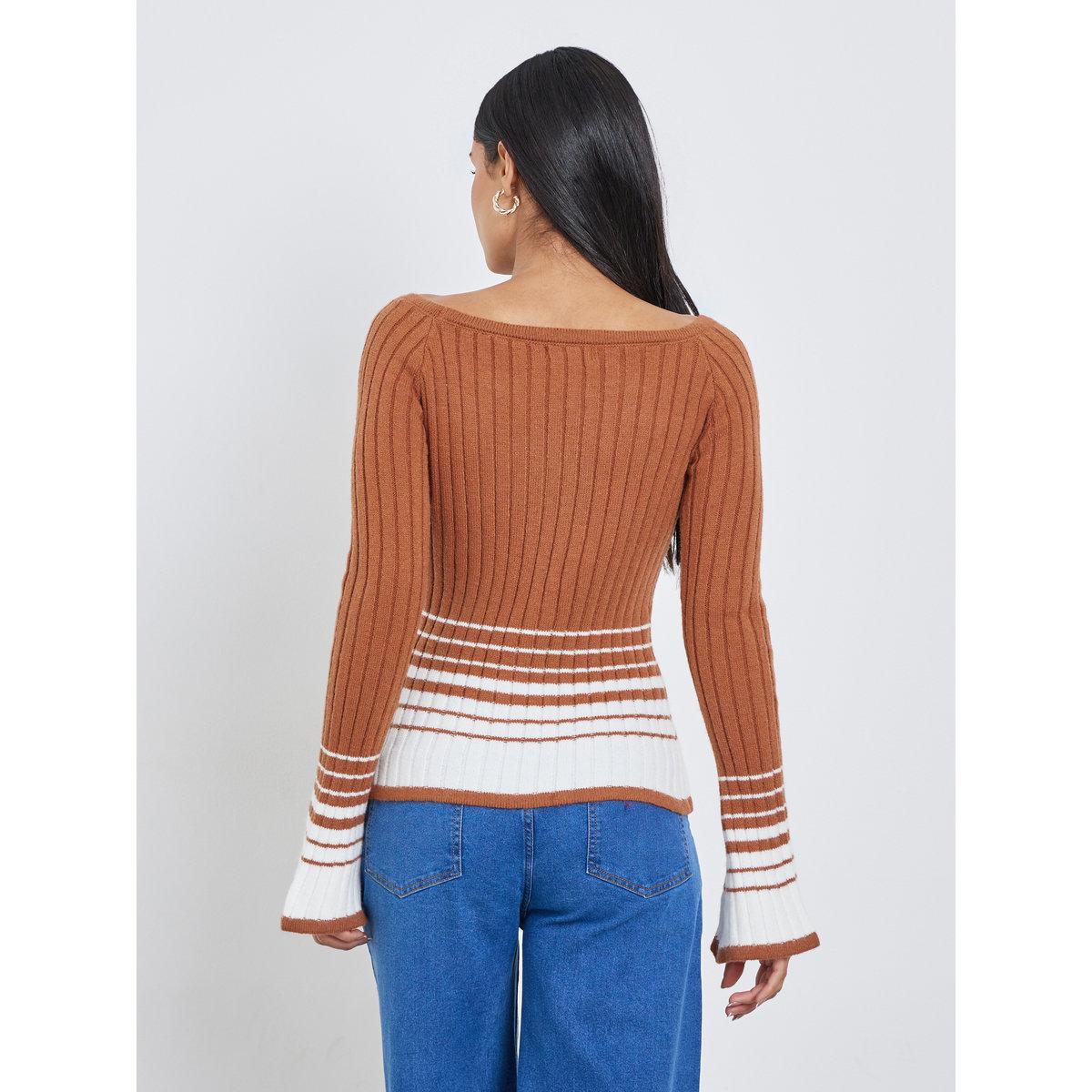 Styli Brown Ribbed Knit Striped Top-women-clothing-tshirts-image-5