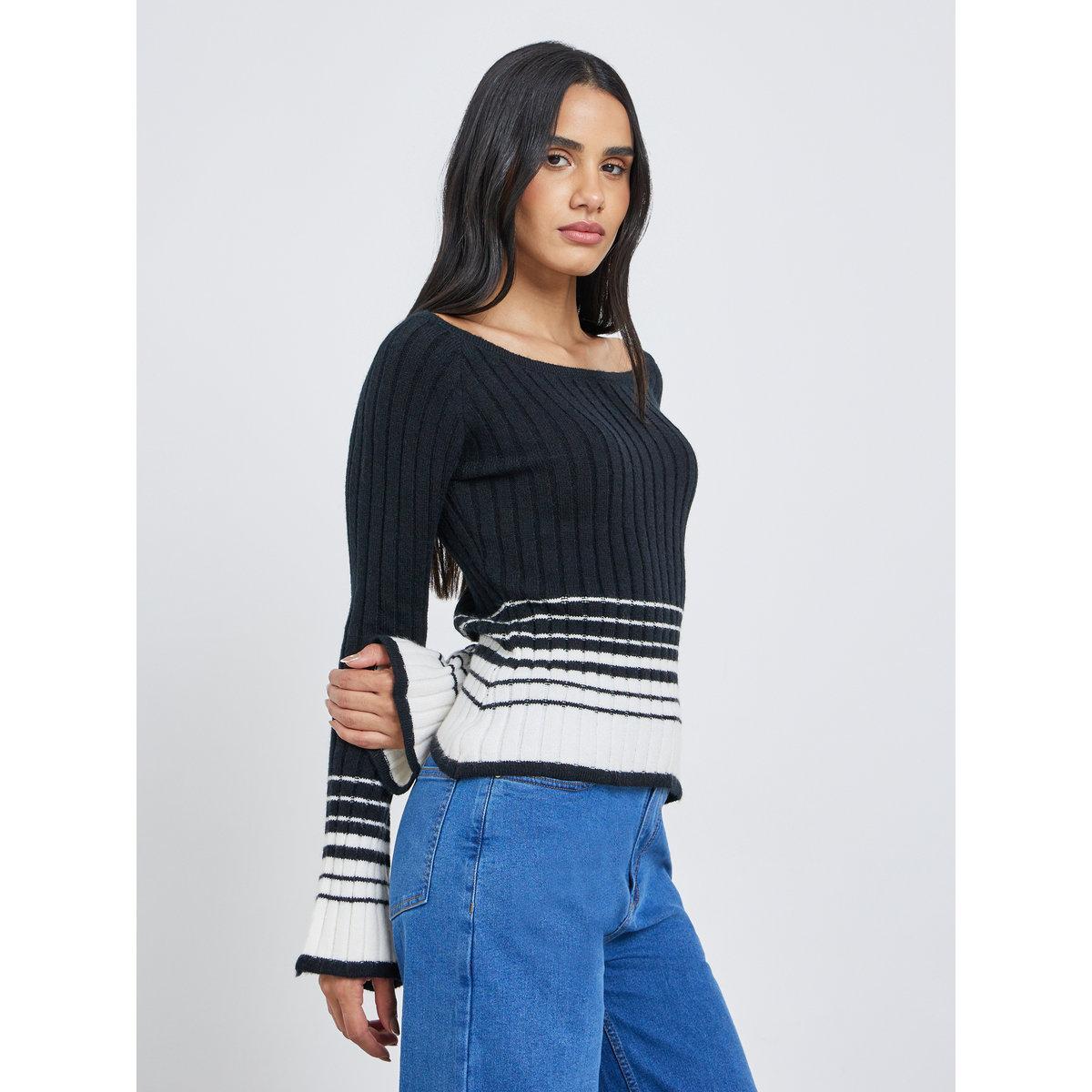 Styli Black Striped Knit Long Sleeve Top-women-clothing-tshirts-image-3