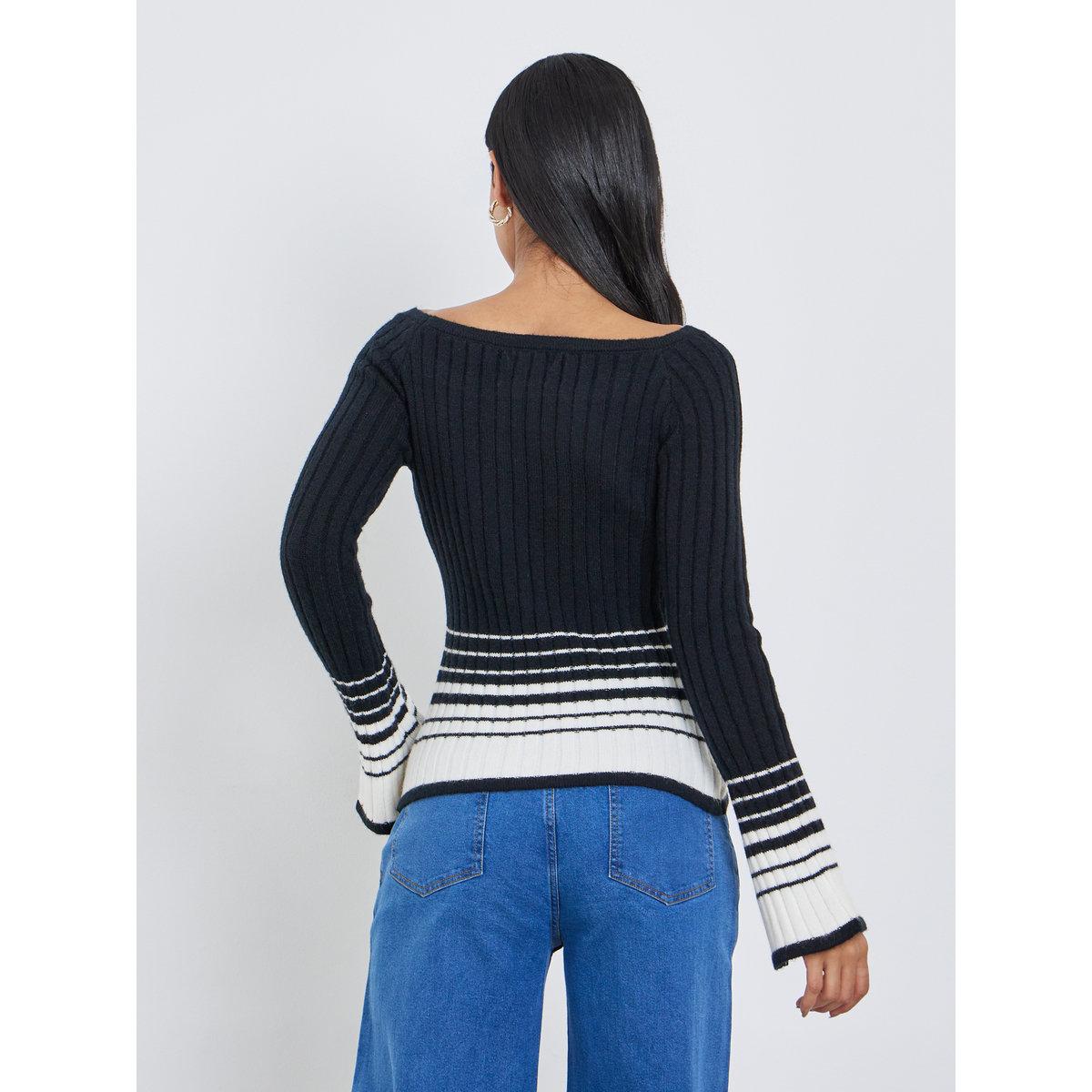 Styli Black Striped Knit Long Sleeve Top-women-clothing-tshirts-image-5