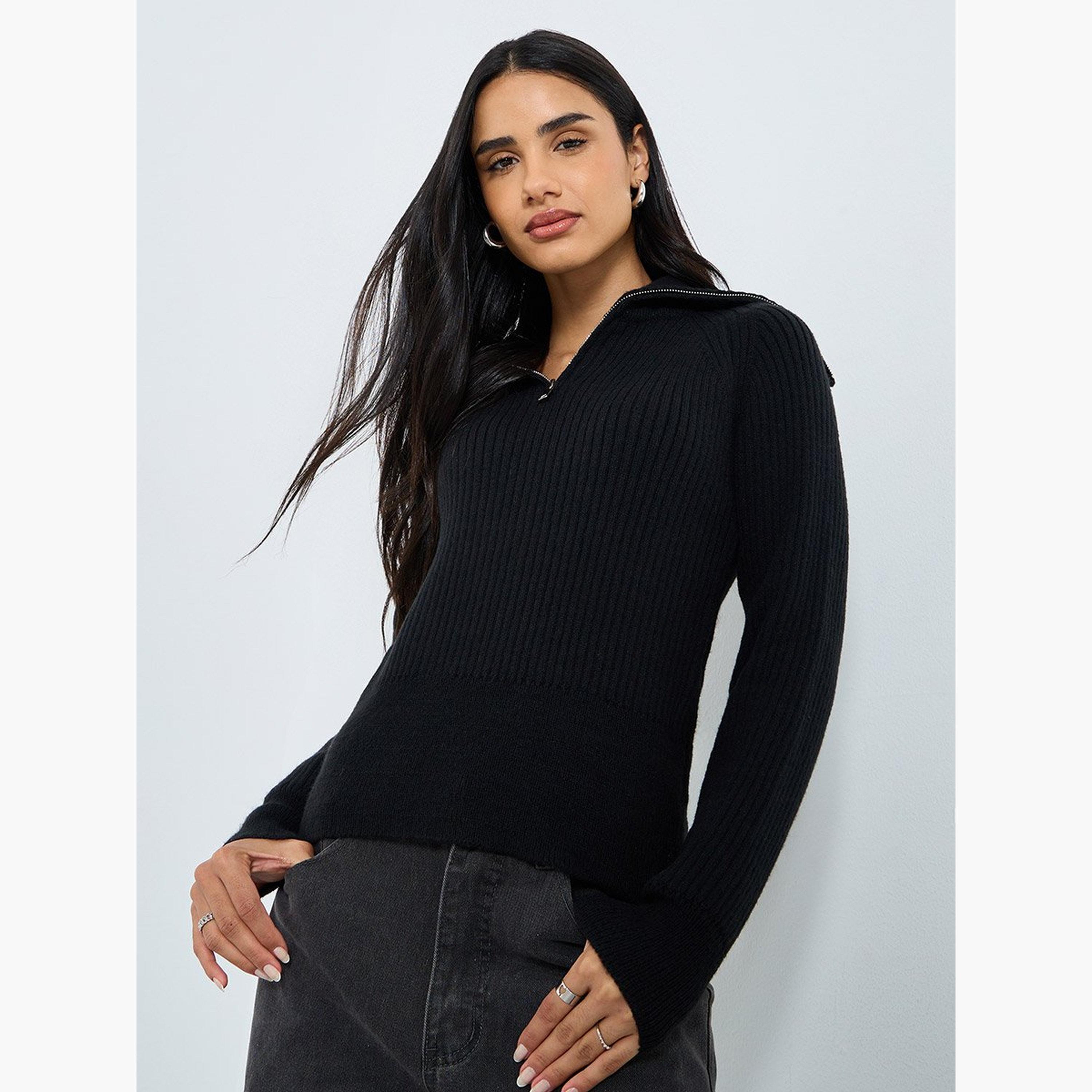 Styli Black Ribbed Knit Top with Half Zip-women-clothing-tshirts-image-1
