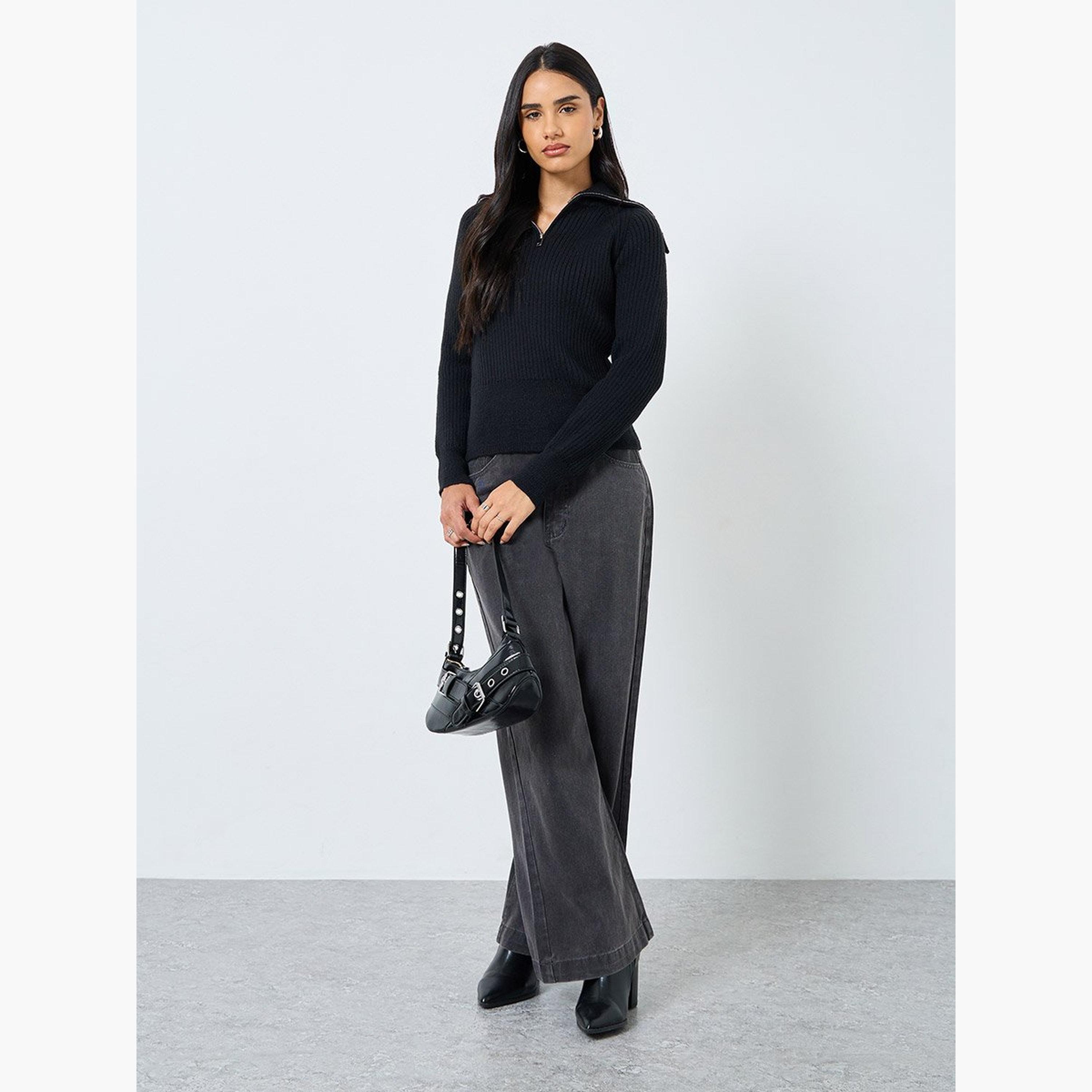 Styli Black Ribbed Knit Top with Half Zip-women-clothing-tshirts-image-3