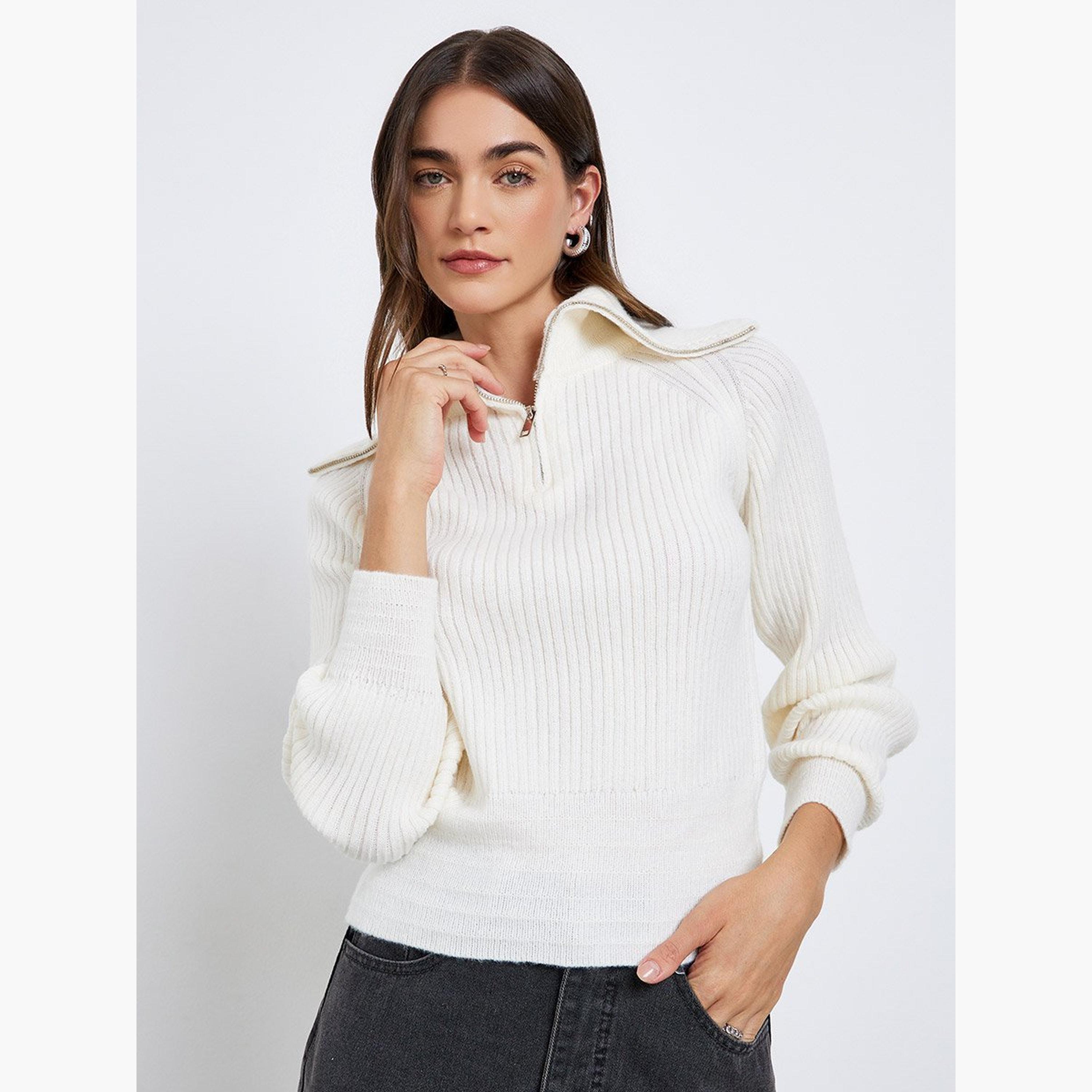Styli Off White Ribbed Knit Top with Half Zip-women-clothing-tshirts-image-1