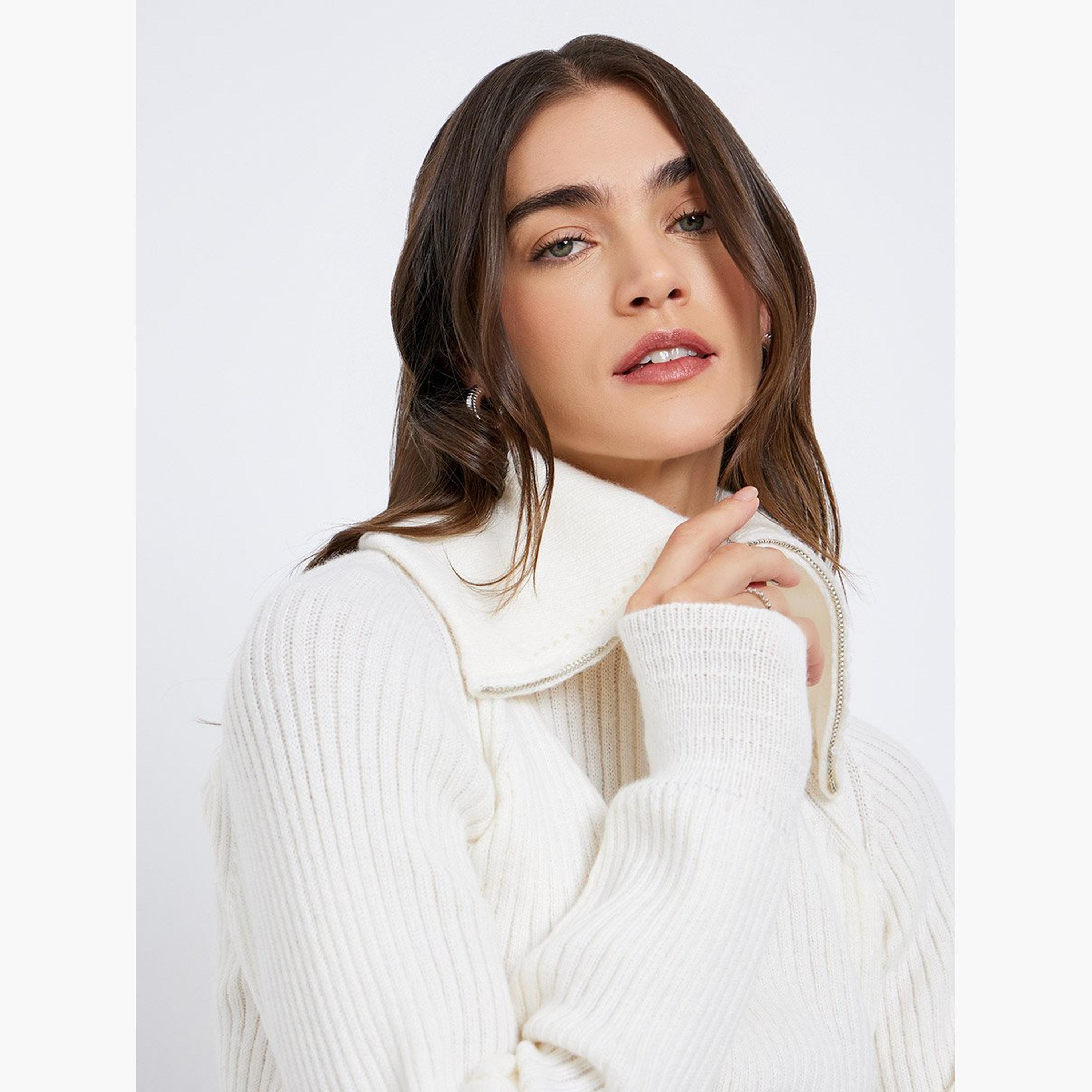 ستايلي - بلوزة محبوكة مضلعة لون أبيض العاجي مع سحاب نصفي-women-clothing-tshirts-image-3
