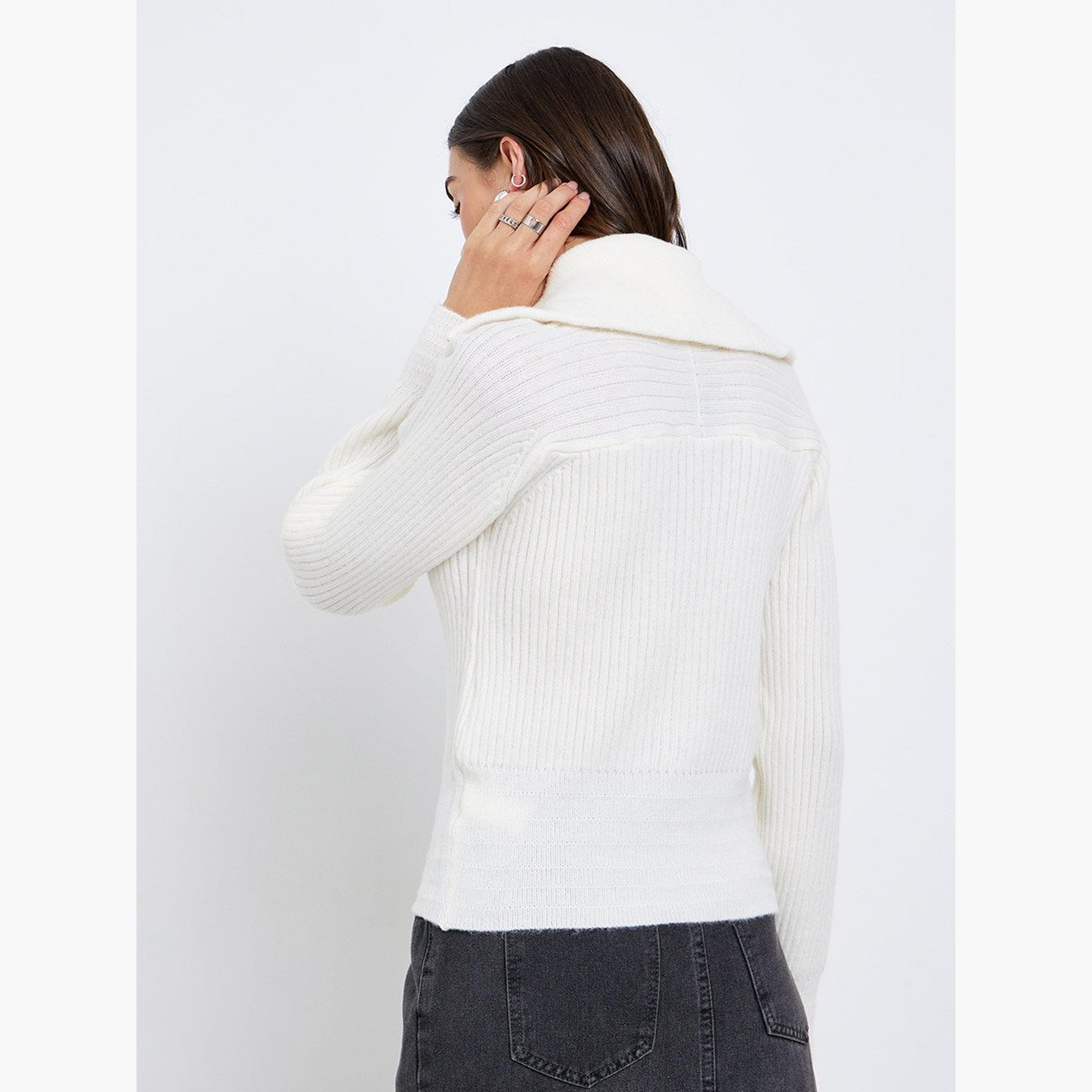 Styli Off White Ribbed Knit Top with Half Zip-women-clothing-tshirts-image-4