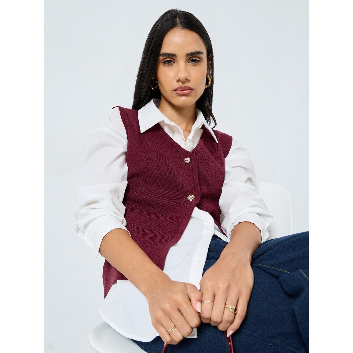 Styli V-Neck Sleeveless Ribbed Waistcoat-women-clothing-coatsandjackets-waistcoats-image-1