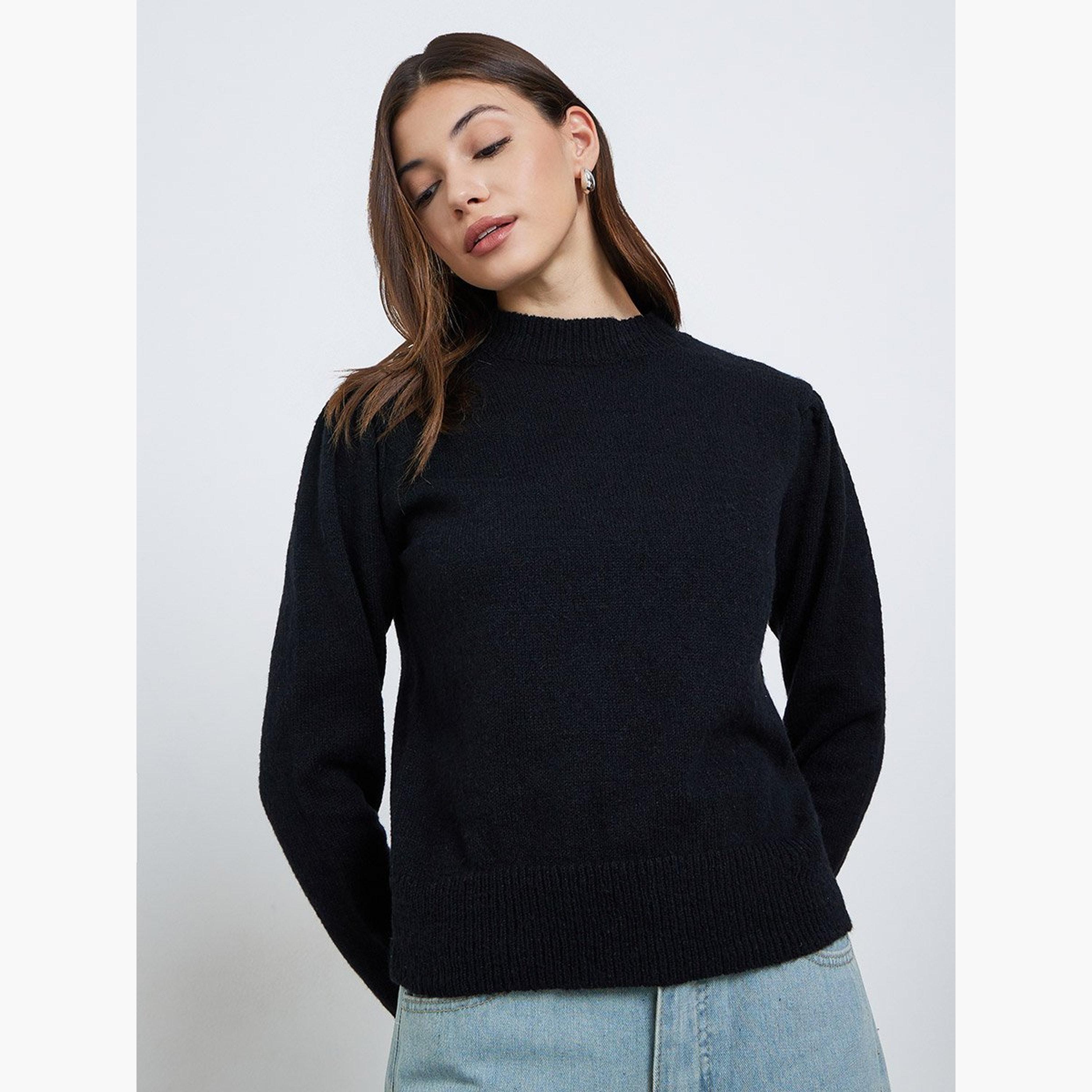Styli Women Black Knit Lone Sleeve Top-women-clothing-tshirts-image-1