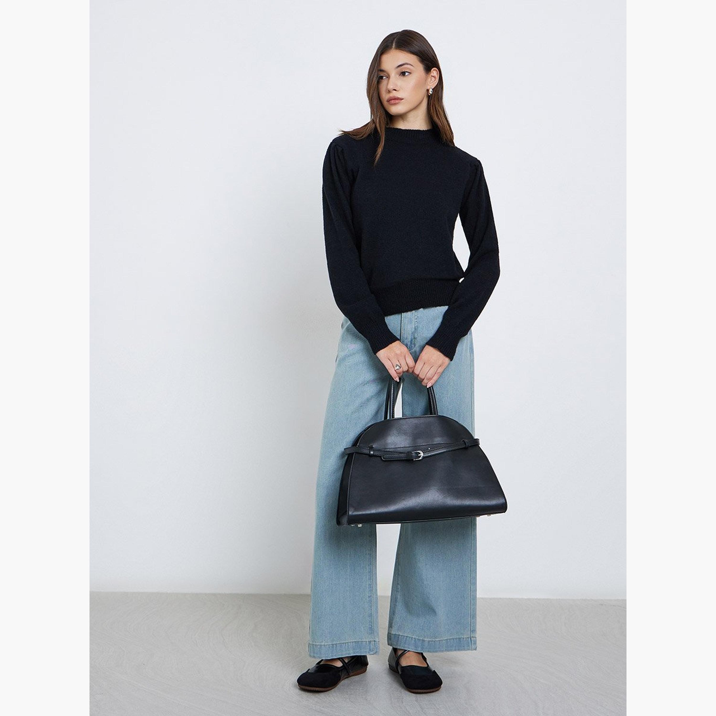Styli Women Black Knit Lone Sleeve Top-women-clothing-tshirts-image-2