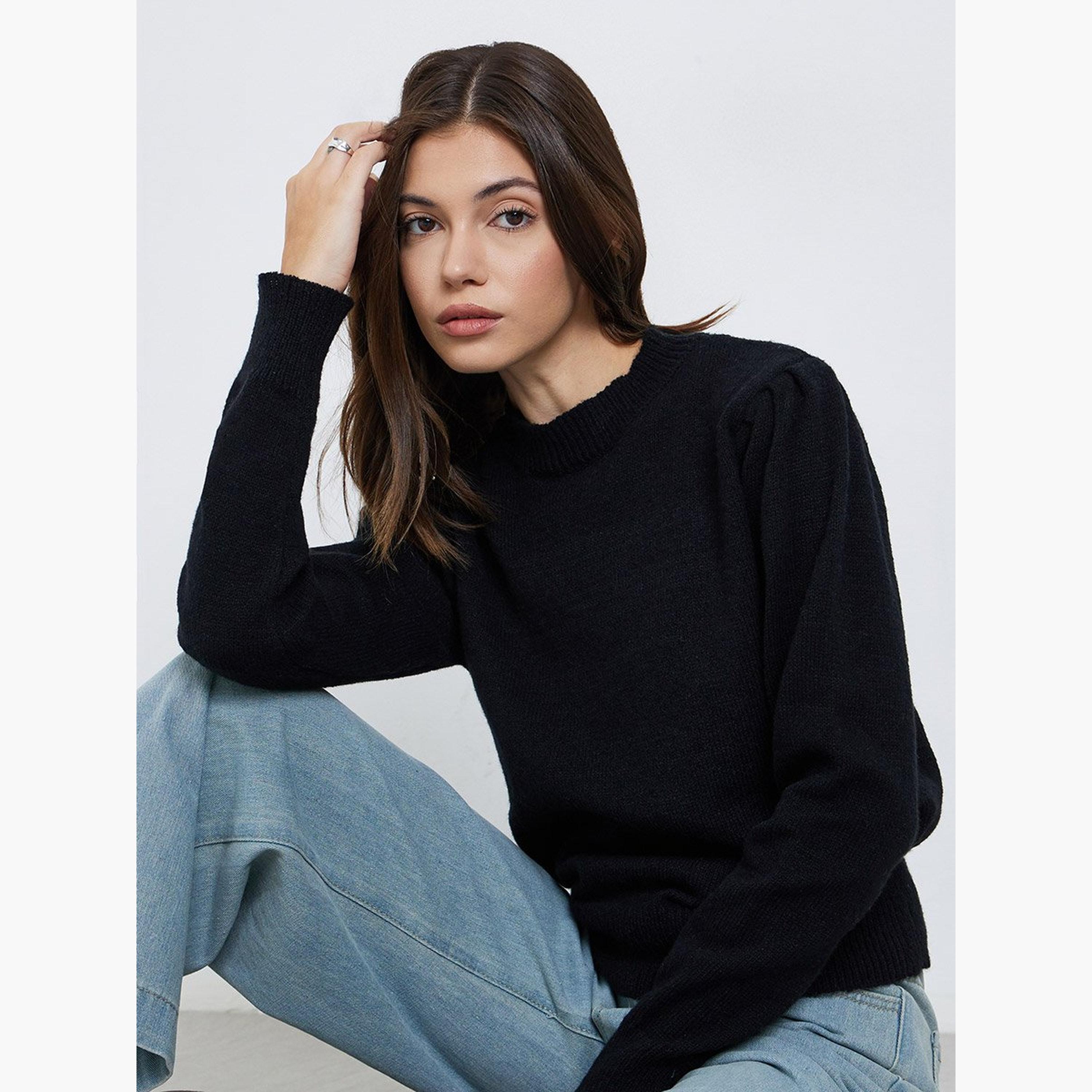 ستايلي - بلوزة للنساء سوداء محبوكة بأكمام واحدة-women-clothing-tshirts-image-3