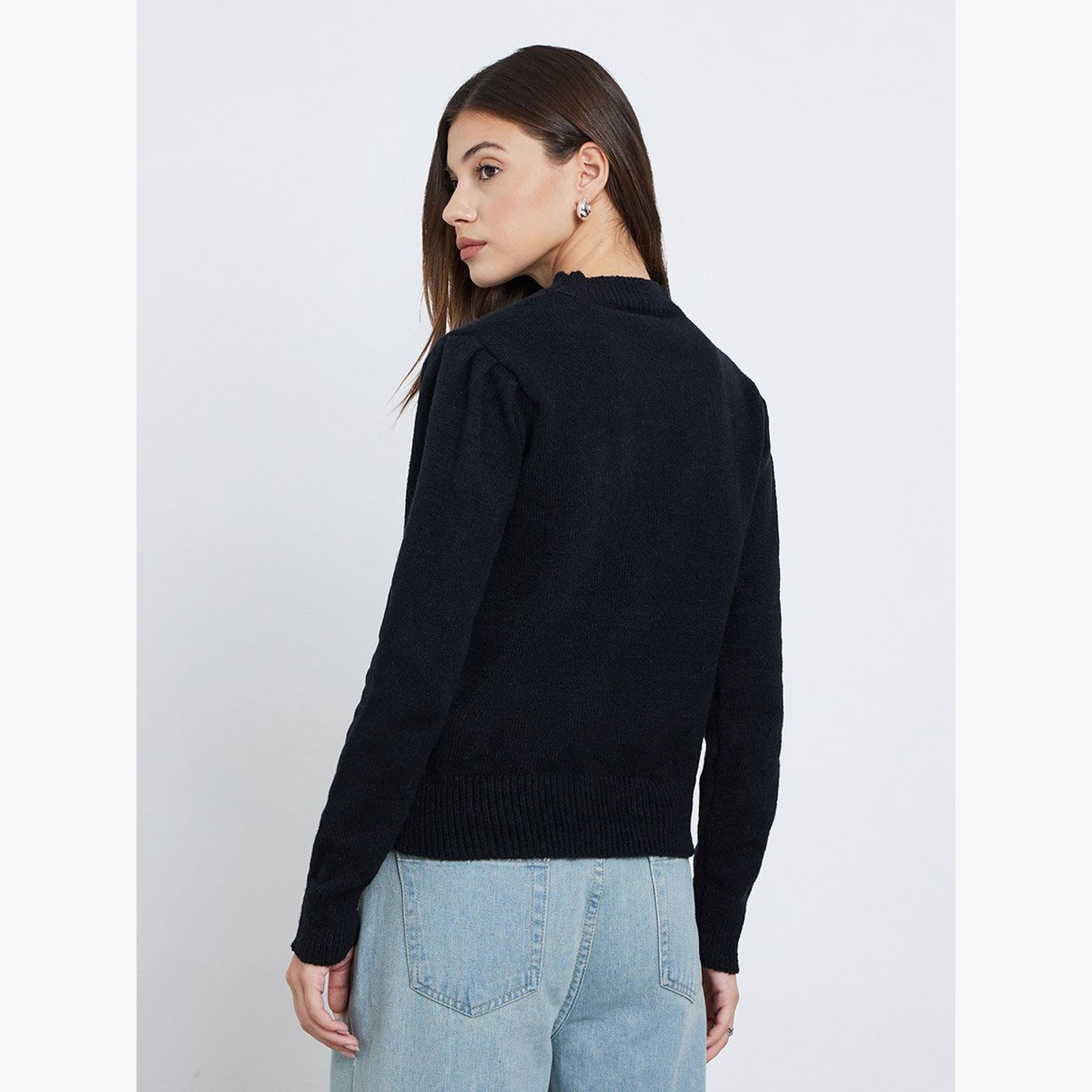 Styli Women Black Knit Lone Sleeve Top-women-clothing-tshirts-image-5