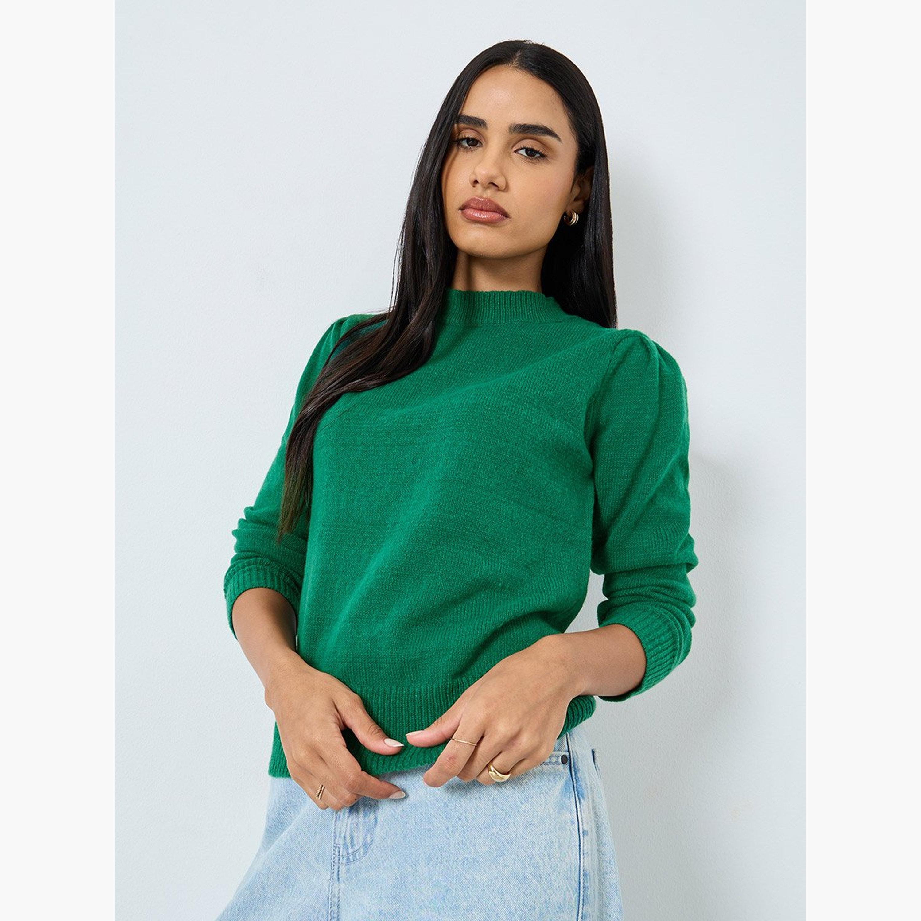 ستايلي - بلوزة محبوكة بأكمام طويلة لون أخضر الزمردي-women-clothing-tshirts-image-1