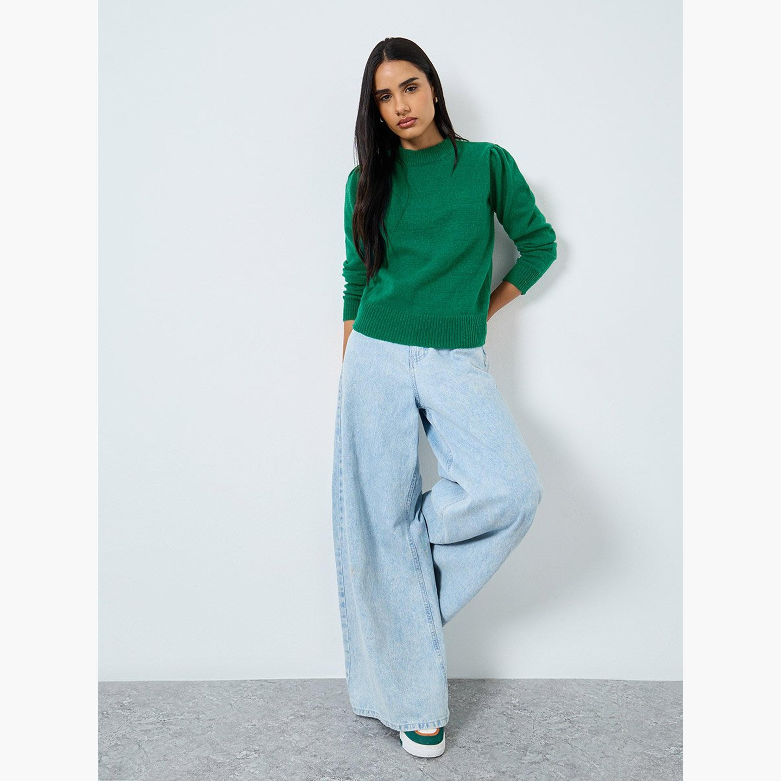 ستايلي - بلوزة محبوكة بأكمام طويلة لون أخضر الزمردي-women-clothing-tshirts-image-2