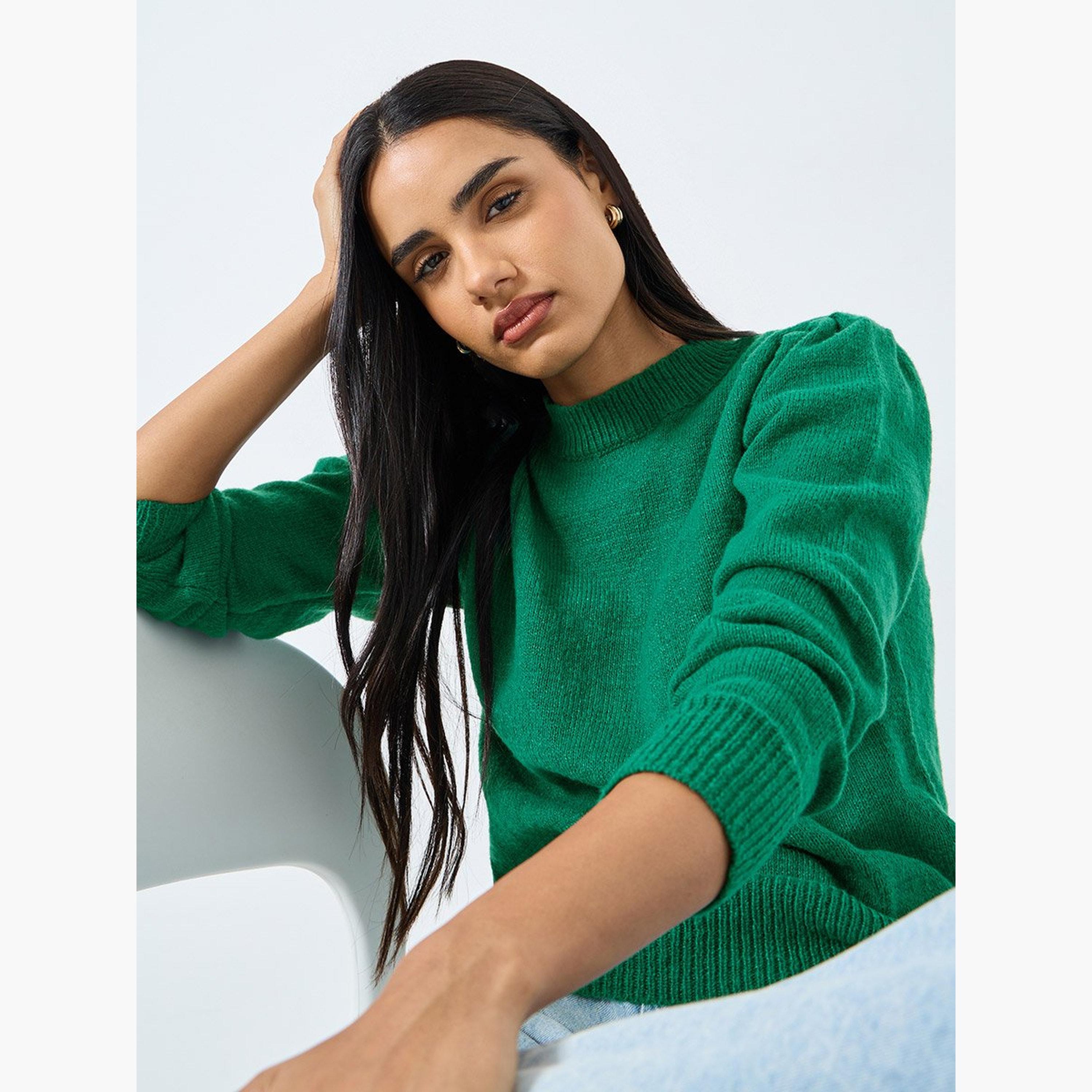 ستايلي - بلوزة محبوكة بأكمام طويلة لون أخضر الزمردي-women-clothing-tshirts-image-3