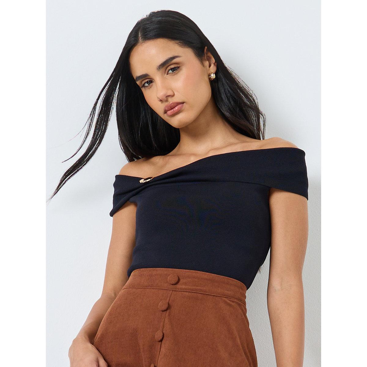 Styli Black Off-Shoulder Knit Top-women-clothing-tshirts-image-1