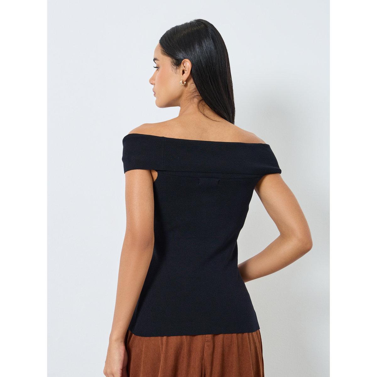 Styli Black Off-Shoulder Knit Top-women-clothing-tshirts-image-5