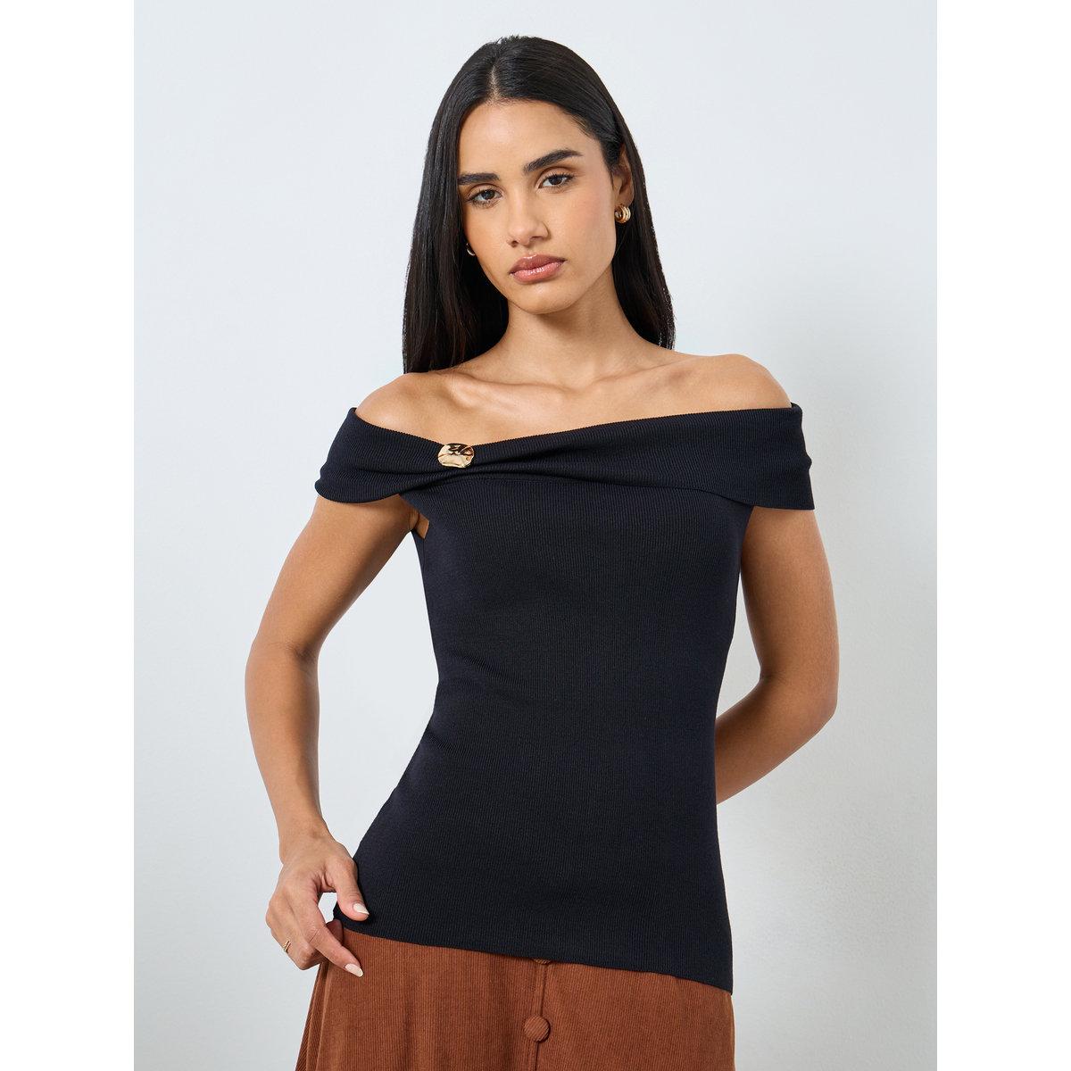 Styli Black Off-Shoulder Knit Top-women-clothing-tshirts-image-6