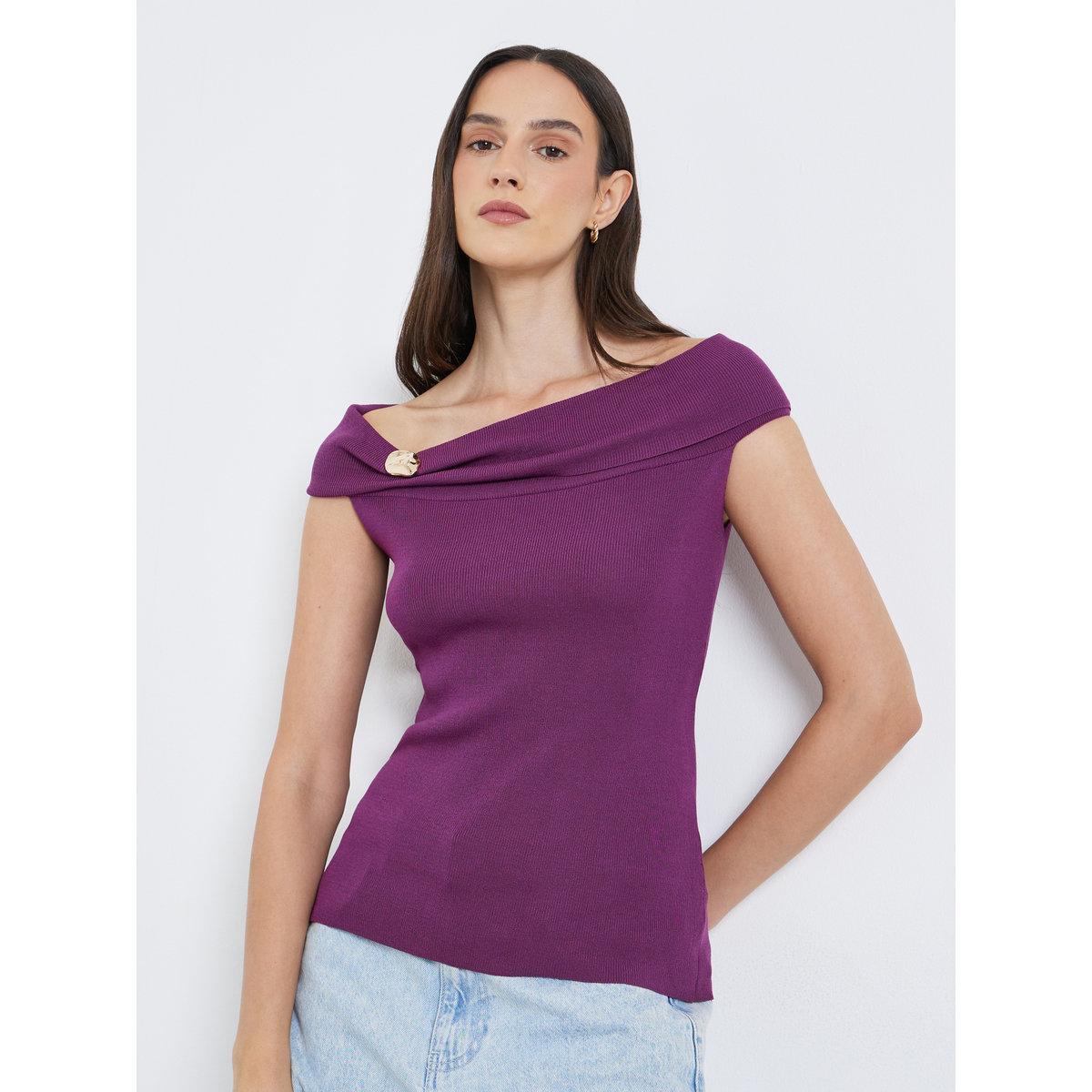Styli Purple Off-Shoulder Knit Top-women-clothing-tshirts-image-1