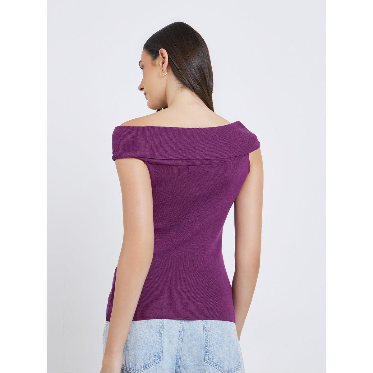 Styli Purple Off-Shoulder Knit Top-women-clothing-tshirts-image-4