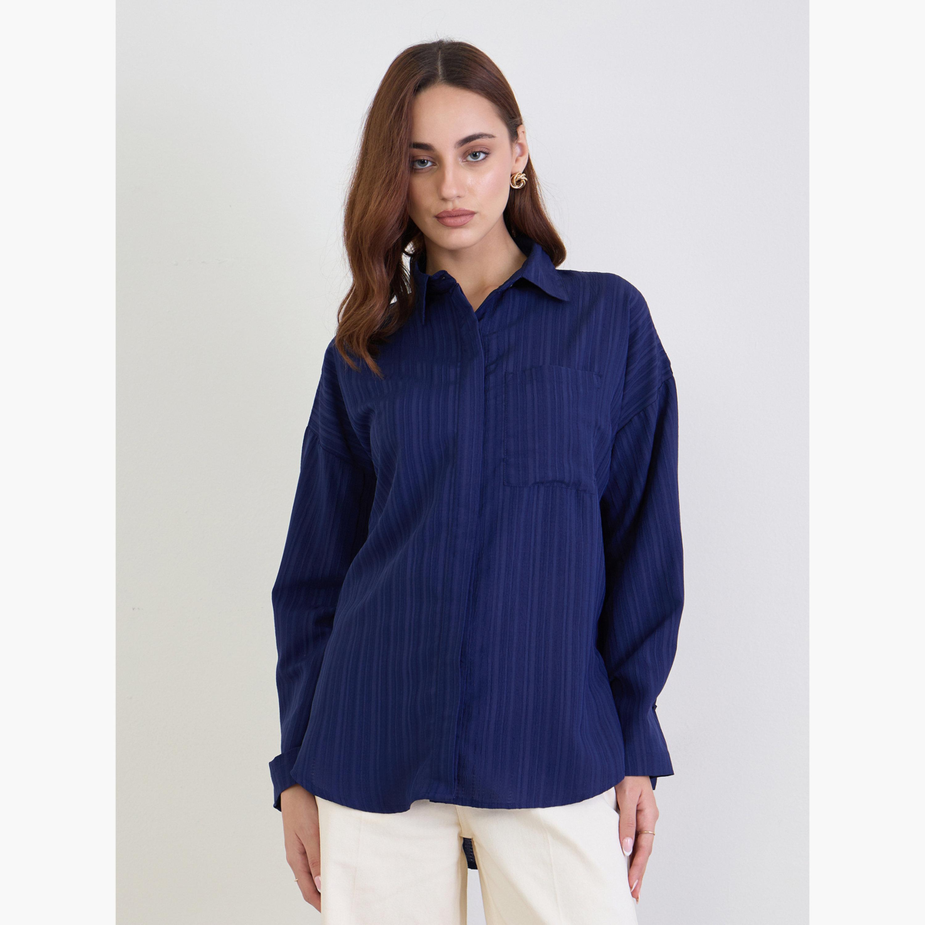 Styli Textured Oversized Shirt with Button Cuff Sleeve-women-clothing-shirtsandblouses-shirts-image-1