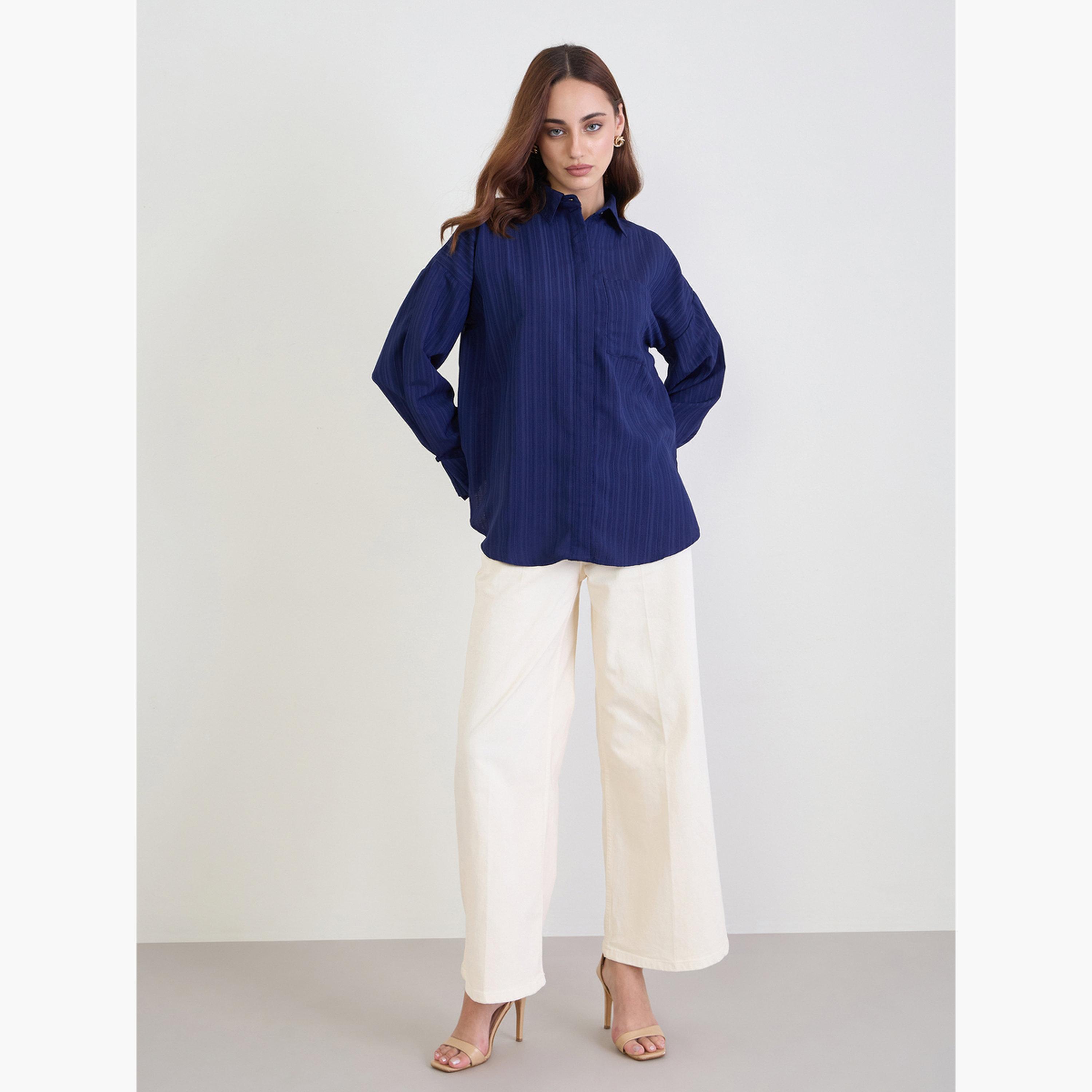 Styli Textured Oversized Shirt with Button Cuff Sleeve-women-clothing-shirtsandblouses-shirts-image-2