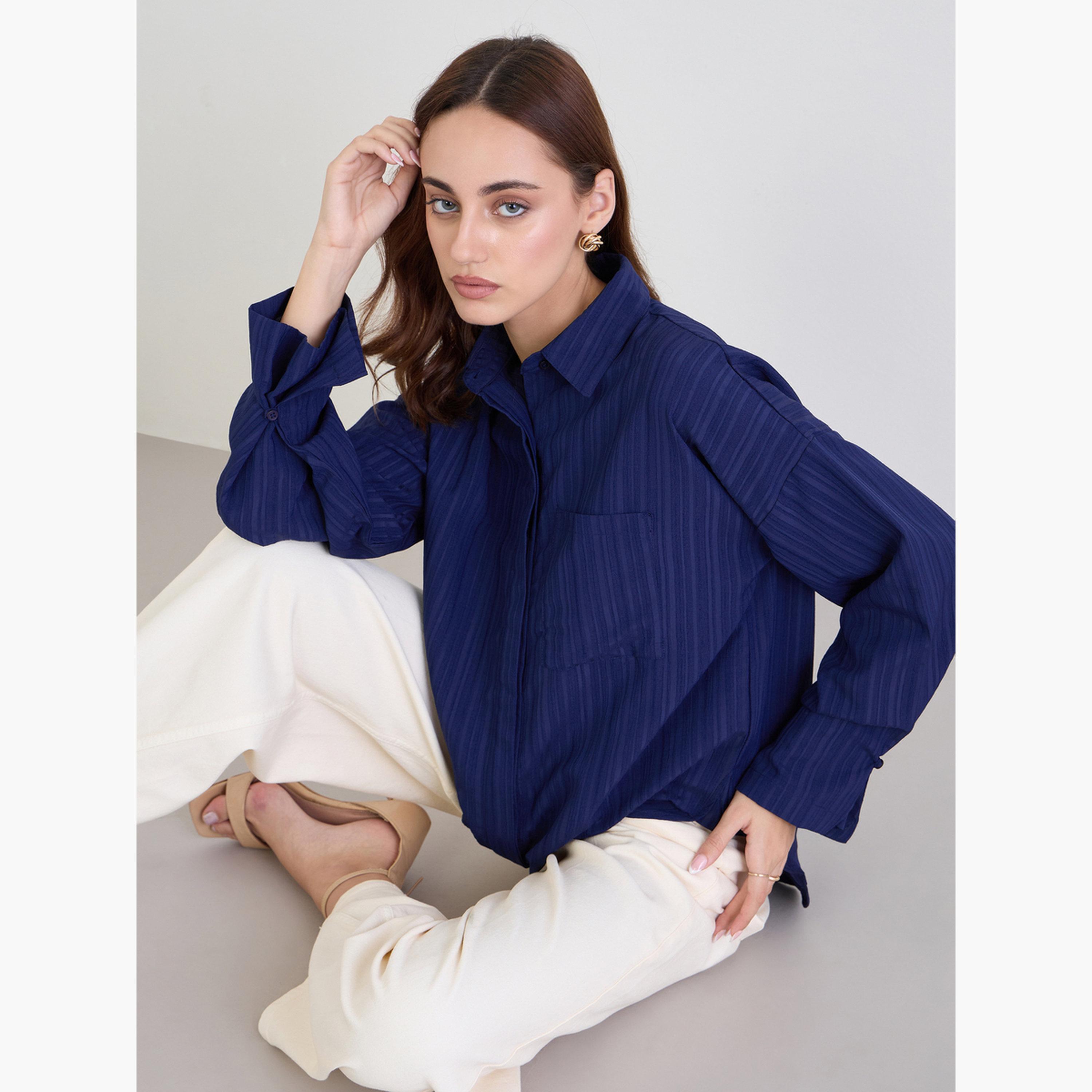 Styli Textured Oversized Shirt with Button Cuff Sleeve-women-clothing-shirtsandblouses-shirts-image-3