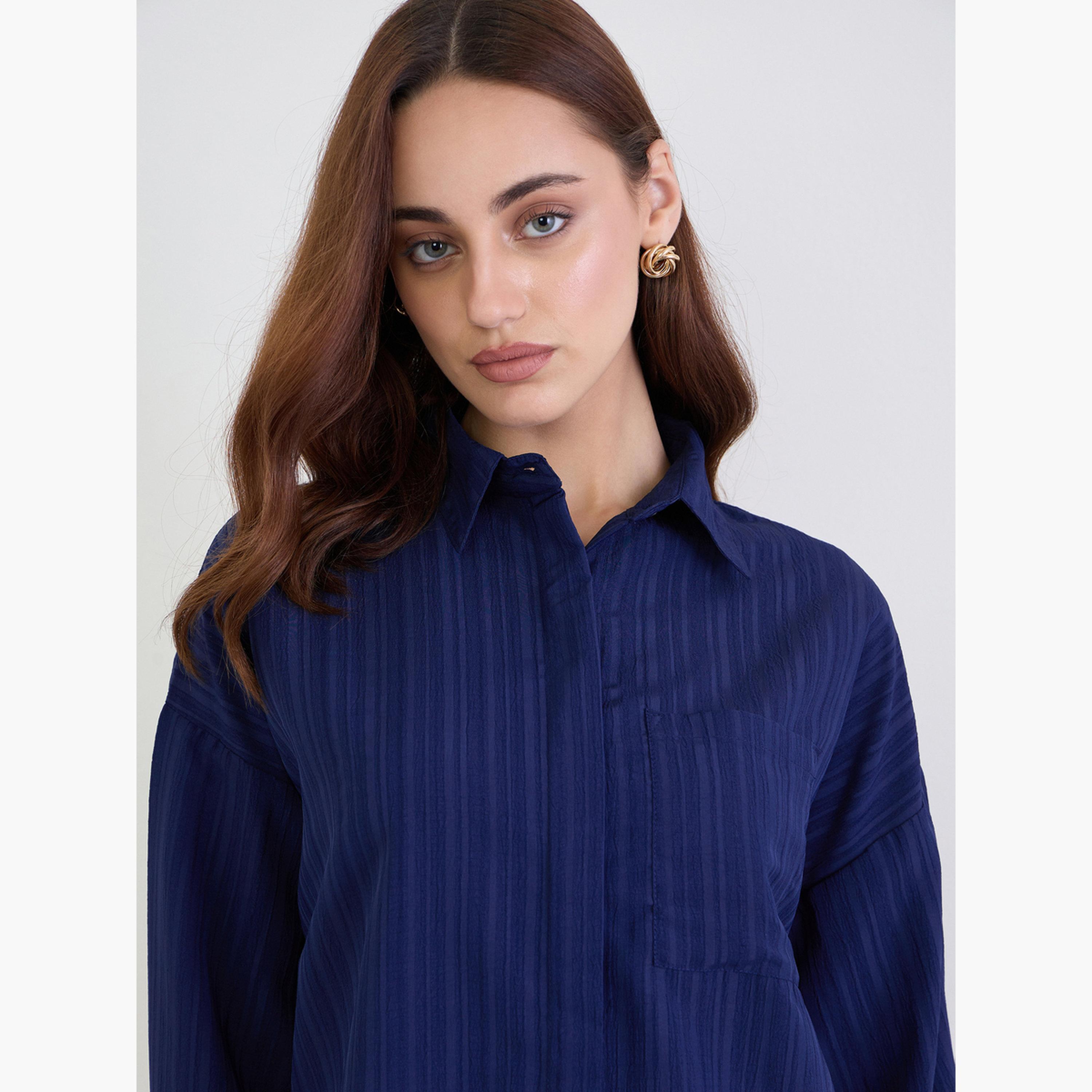 Styli Textured Oversized Shirt with Button Cuff Sleeve-women-clothing-shirtsandblouses-shirts-image-4