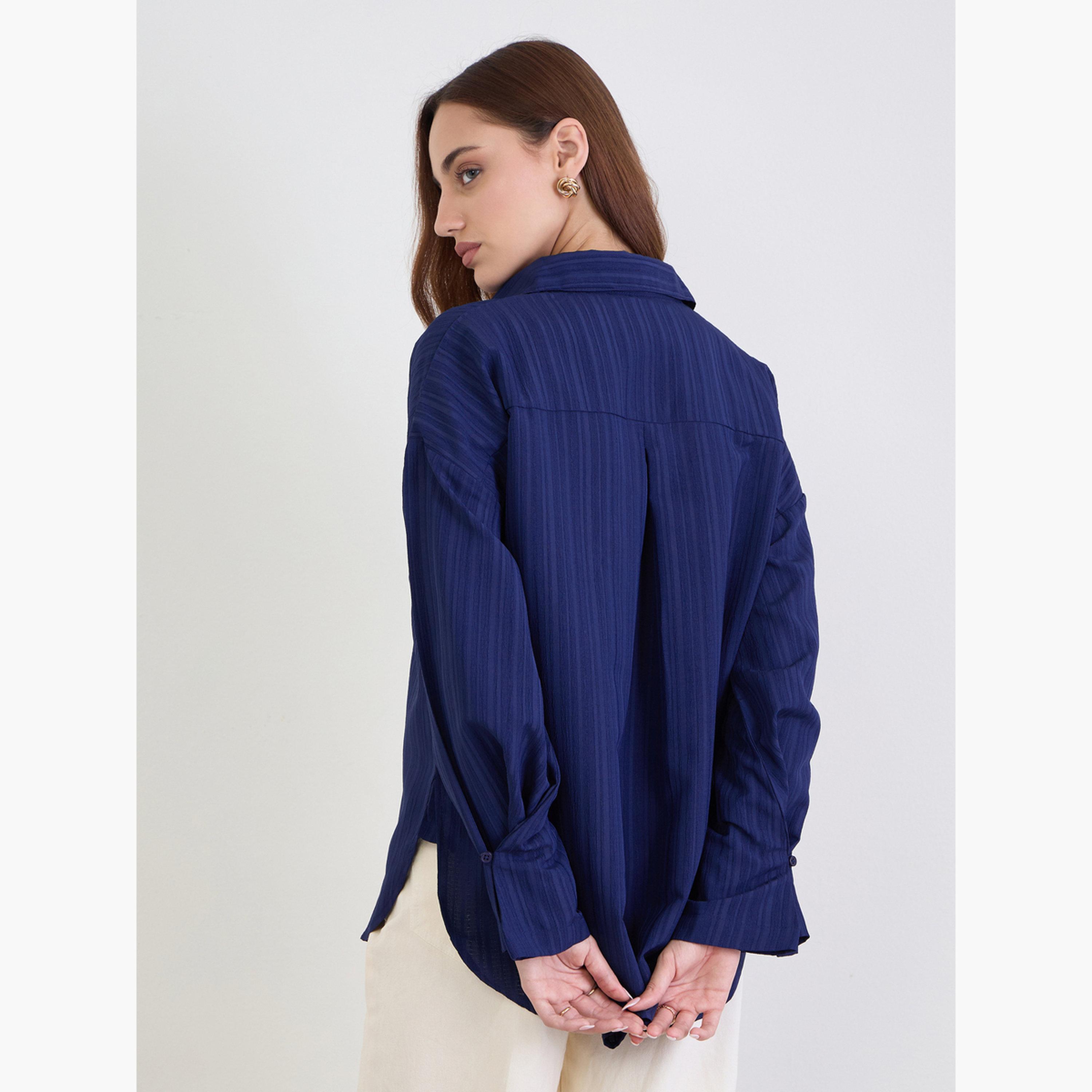 Styli Textured Oversized Shirt with Button Cuff Sleeve-women-clothing-shirtsandblouses-shirts-image-5