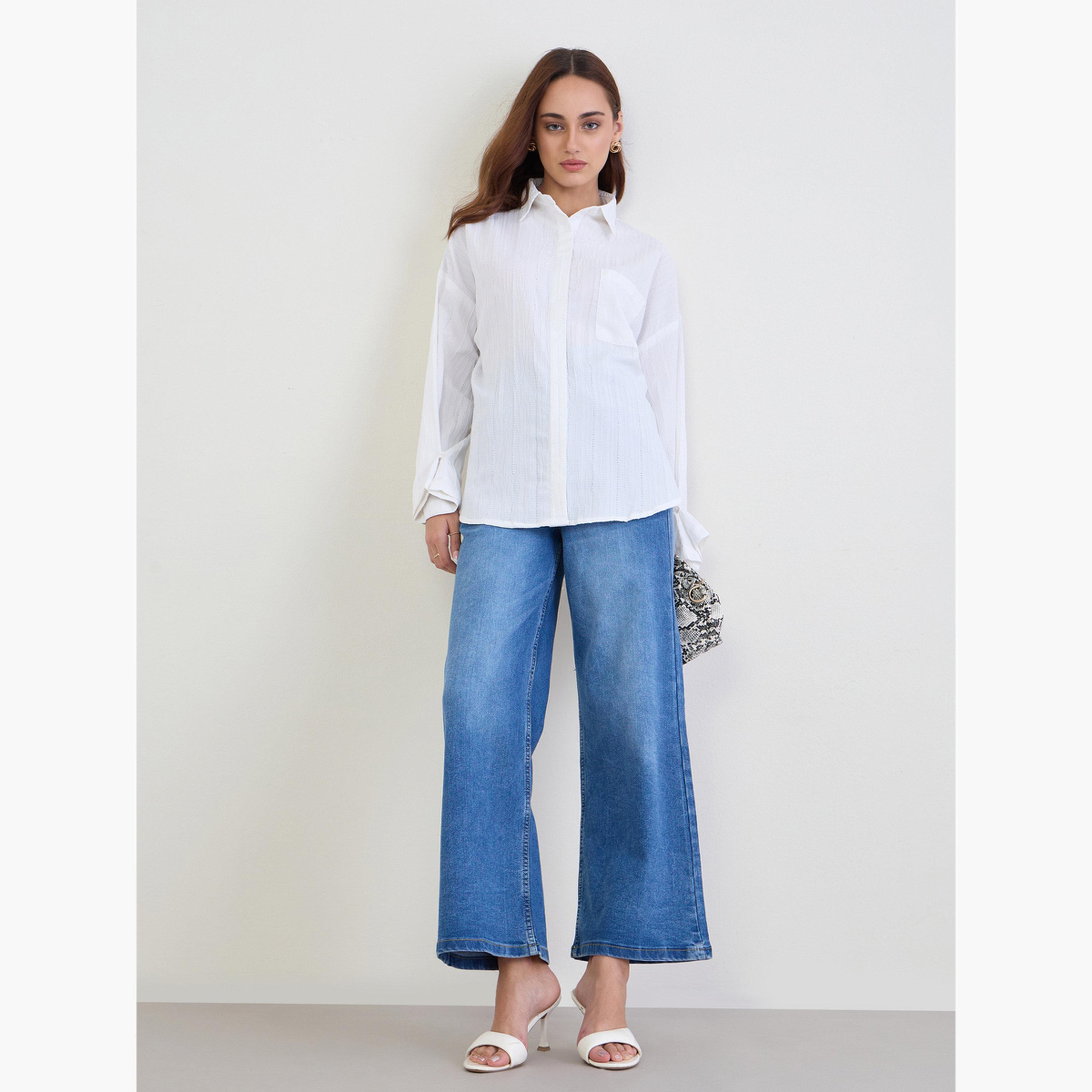 Styli Textured Oversized Shirt with Button Cuff Sleeve-women-clothing-shirtsandblouses-shirts-image-2