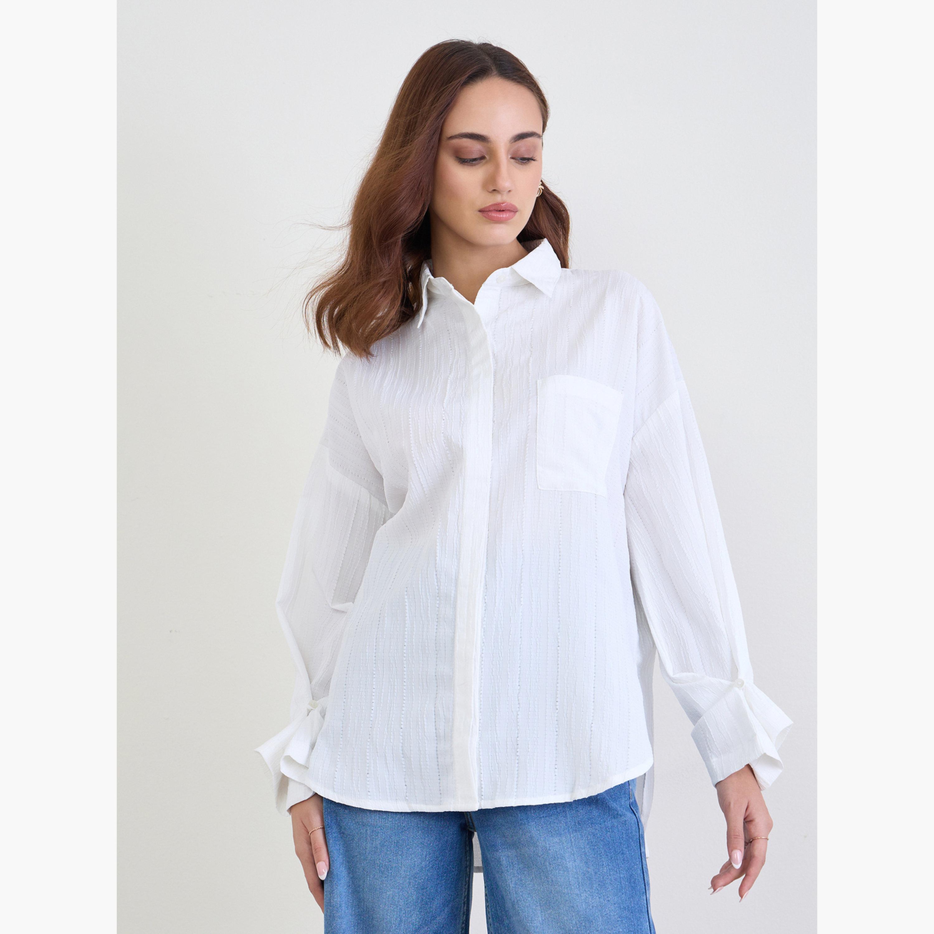 ستايلي - قميص مقاس كبير اوفر سايز  ذو نسيج محكم وأكمام بأزرار-women-clothing-shirtsandblouses-shirts-image-3