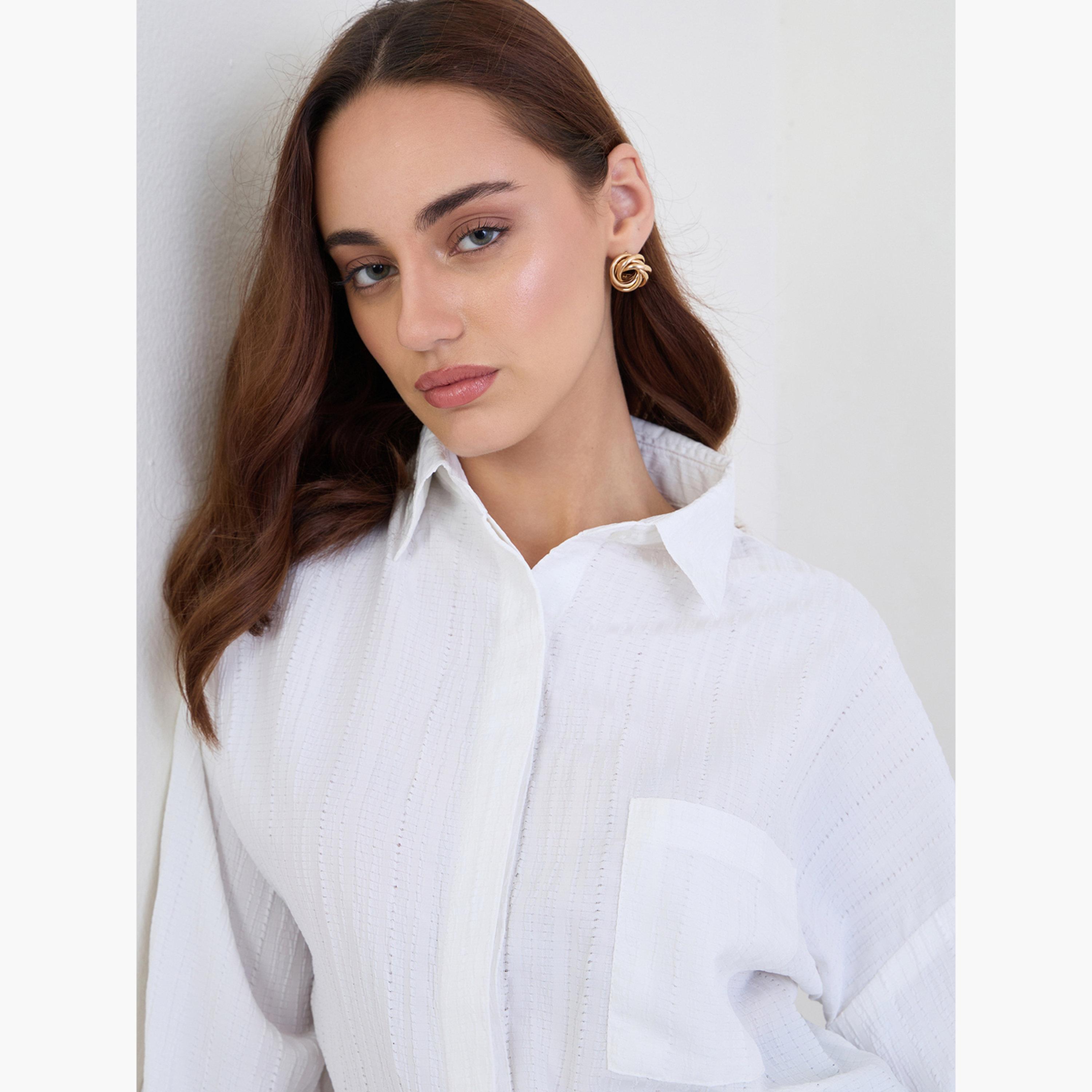 ستايلي - قميص مقاس كبير اوفر سايز  ذو نسيج محكم وأكمام بأزرار-women-clothing-shirtsandblouses-shirts-image-4