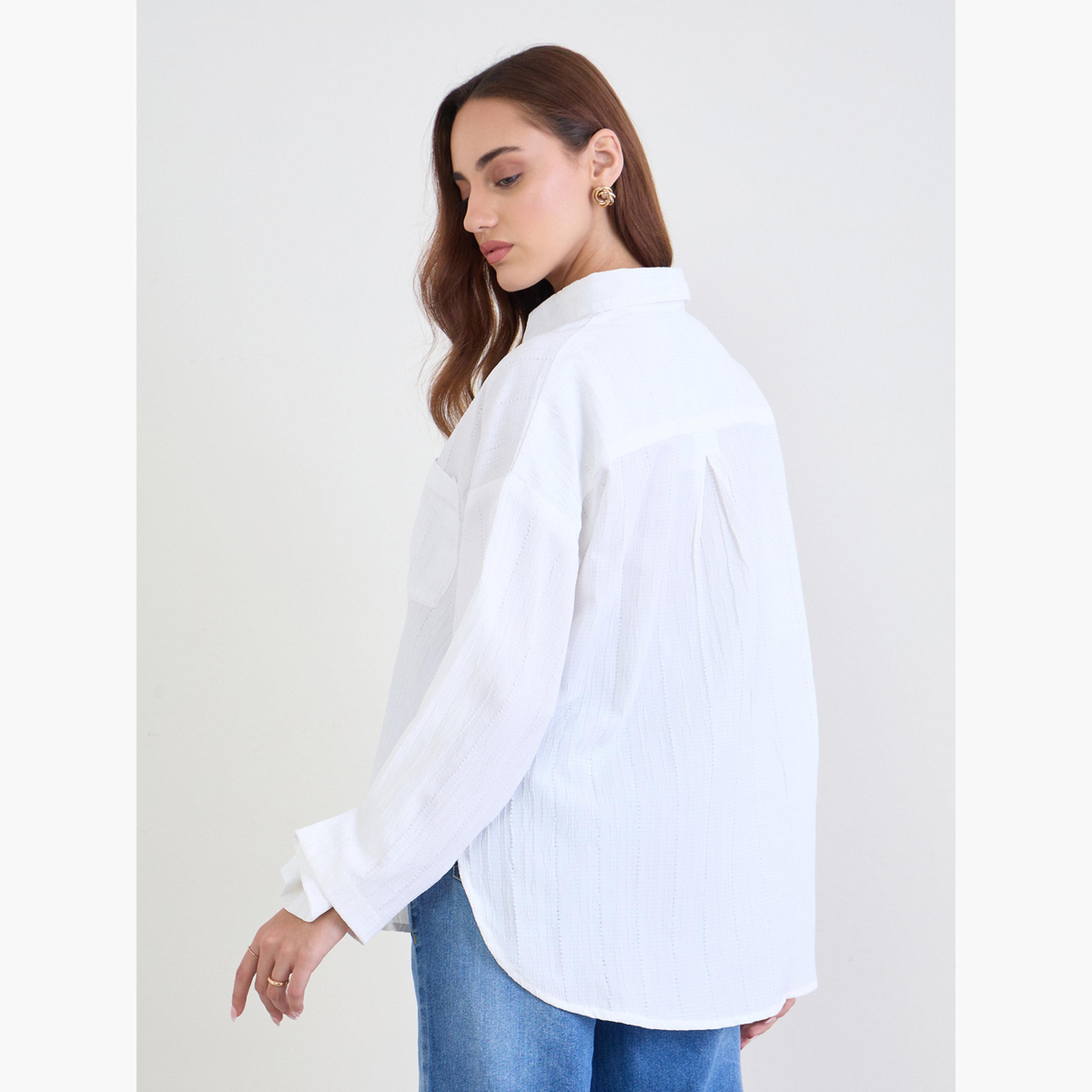 Styli Textured Oversized Shirt with Button Cuff Sleeve-women-clothing-shirtsandblouses-shirts-image-5