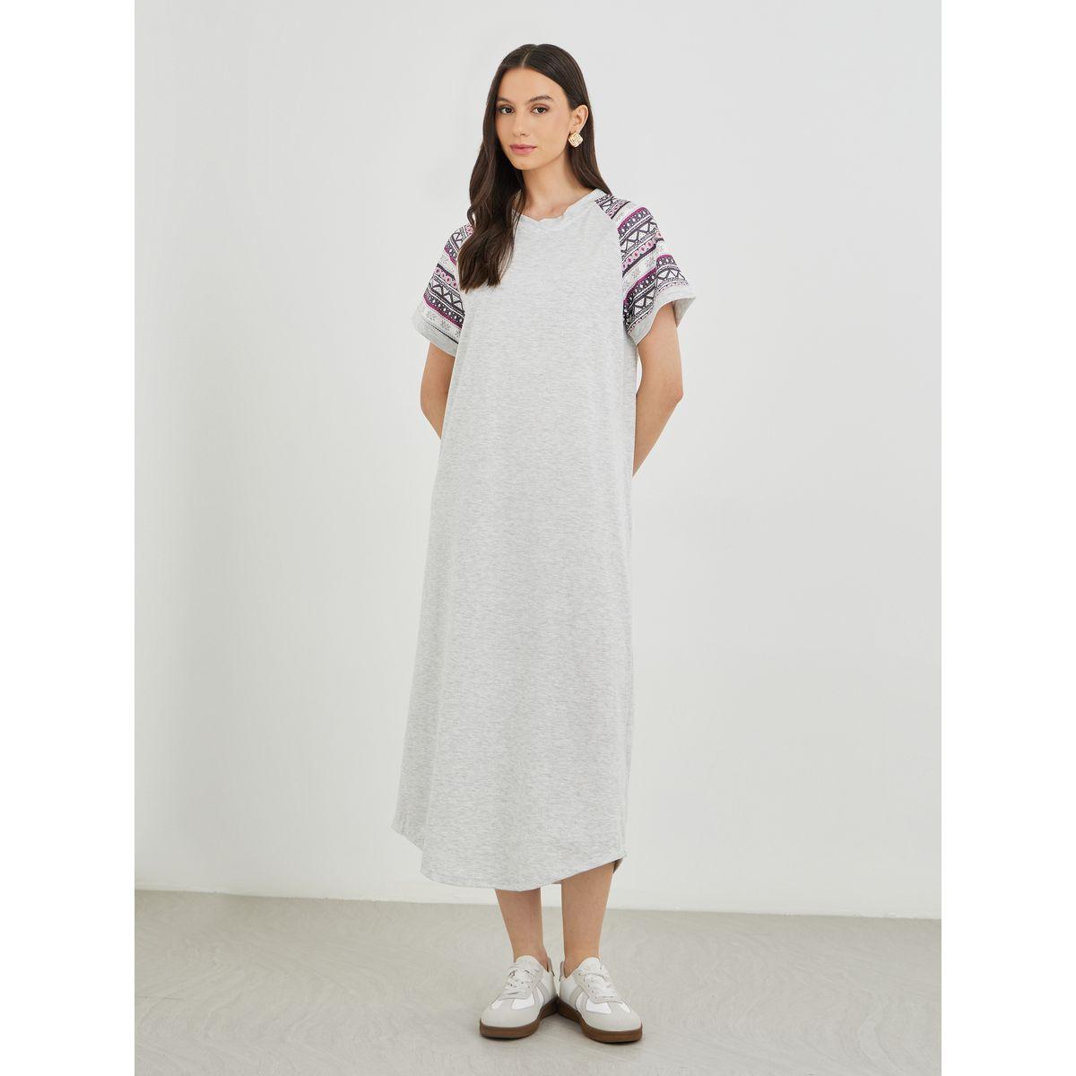 فستان ميدي بياقة دائرية وأكمام ريجلان-women-clothing-dresses-image-1