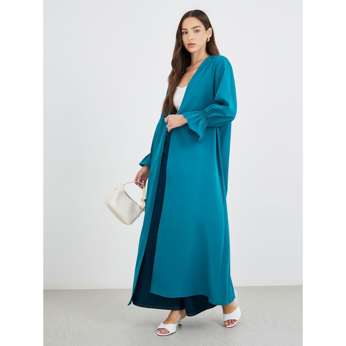 Styli Solid Smocking Cuff Detail Abaya-women-arabicclothing-abayas-image-1