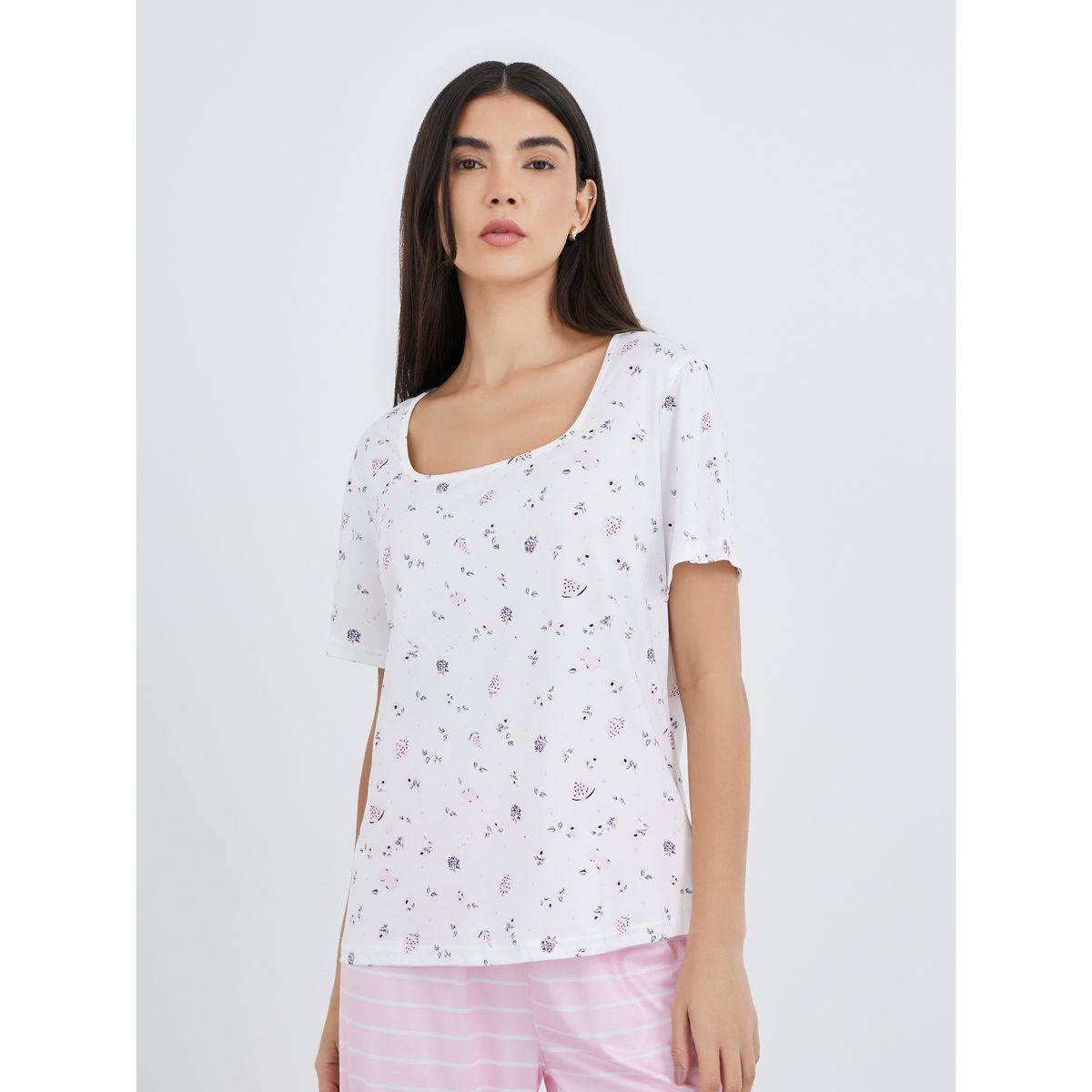 Styli Disty Print Square Neck T-Shirt and Striped Pyjama Set-women-clothing-nightwear-pyjamas-longsets-image-2