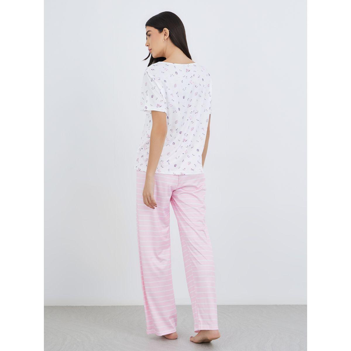 Styli Disty Print Square Neck T-Shirt and Striped Pyjama Set-women-clothing-nightwear-pyjamas-longsets-image-5