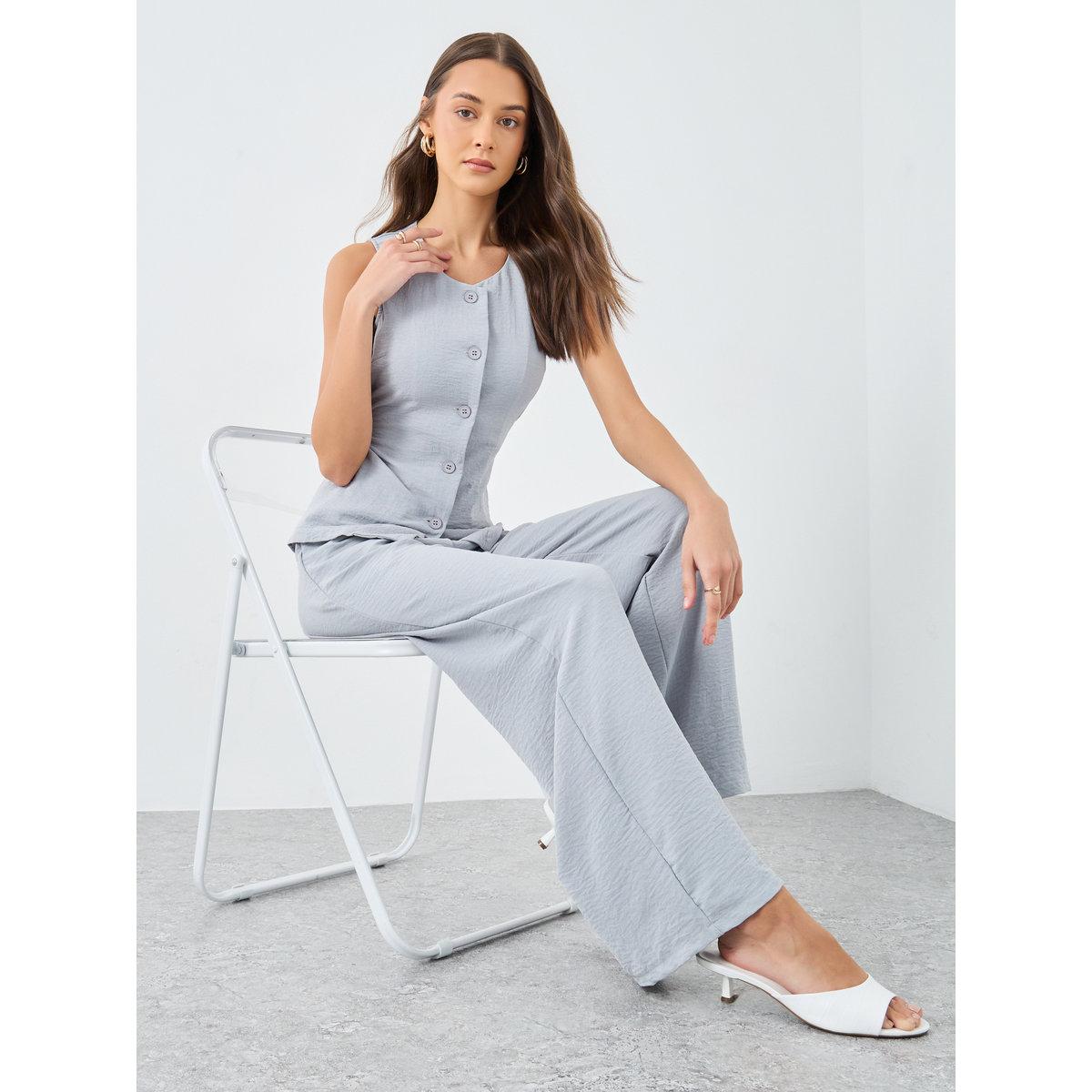 Styli Women Grey Buttoned Top and Pants Co-Ords-women-clothing-coordsets-image-1