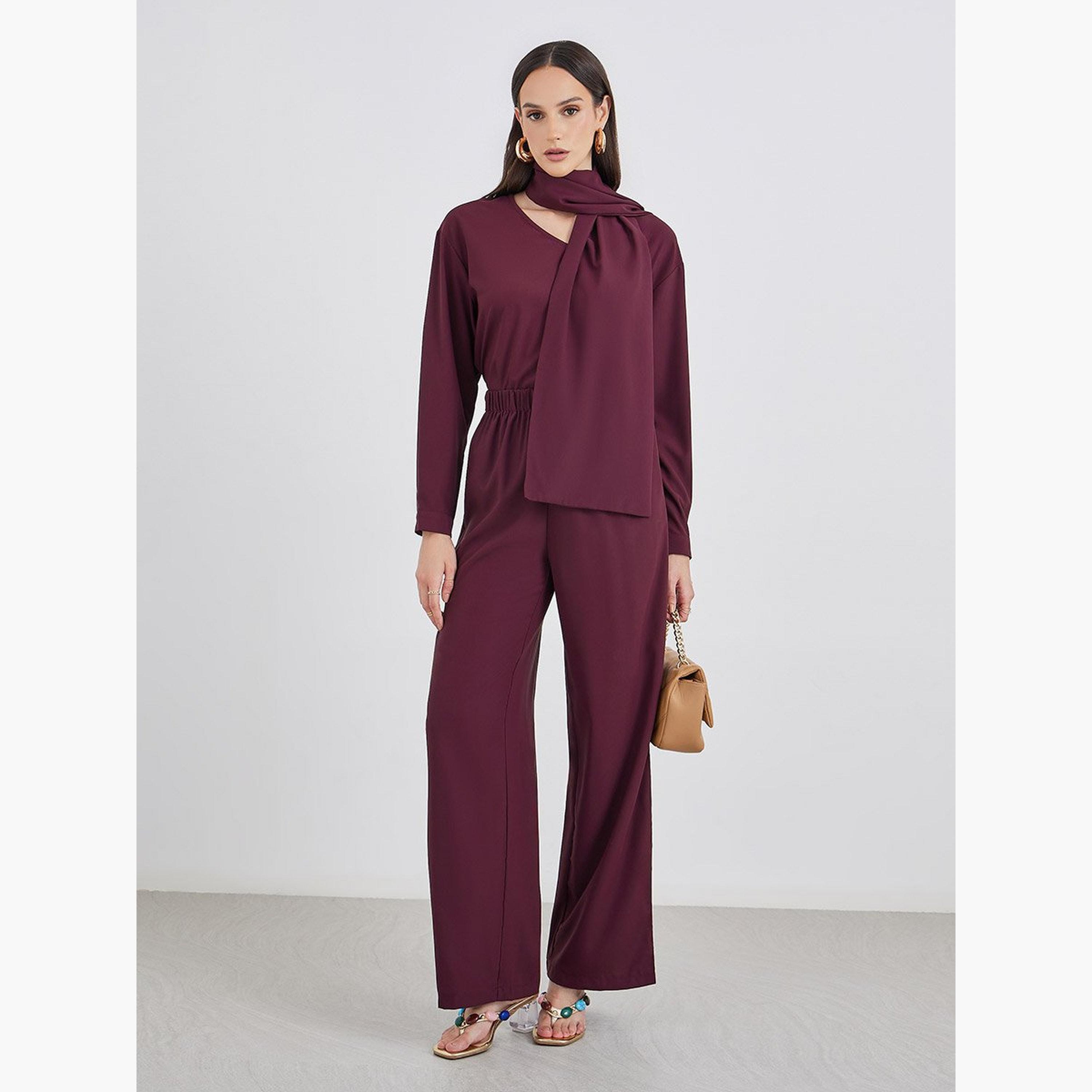 Styli Burgundy V-Neck Top and Pants Co-Ords with Scarf-women-clothing-coordsets-image-1