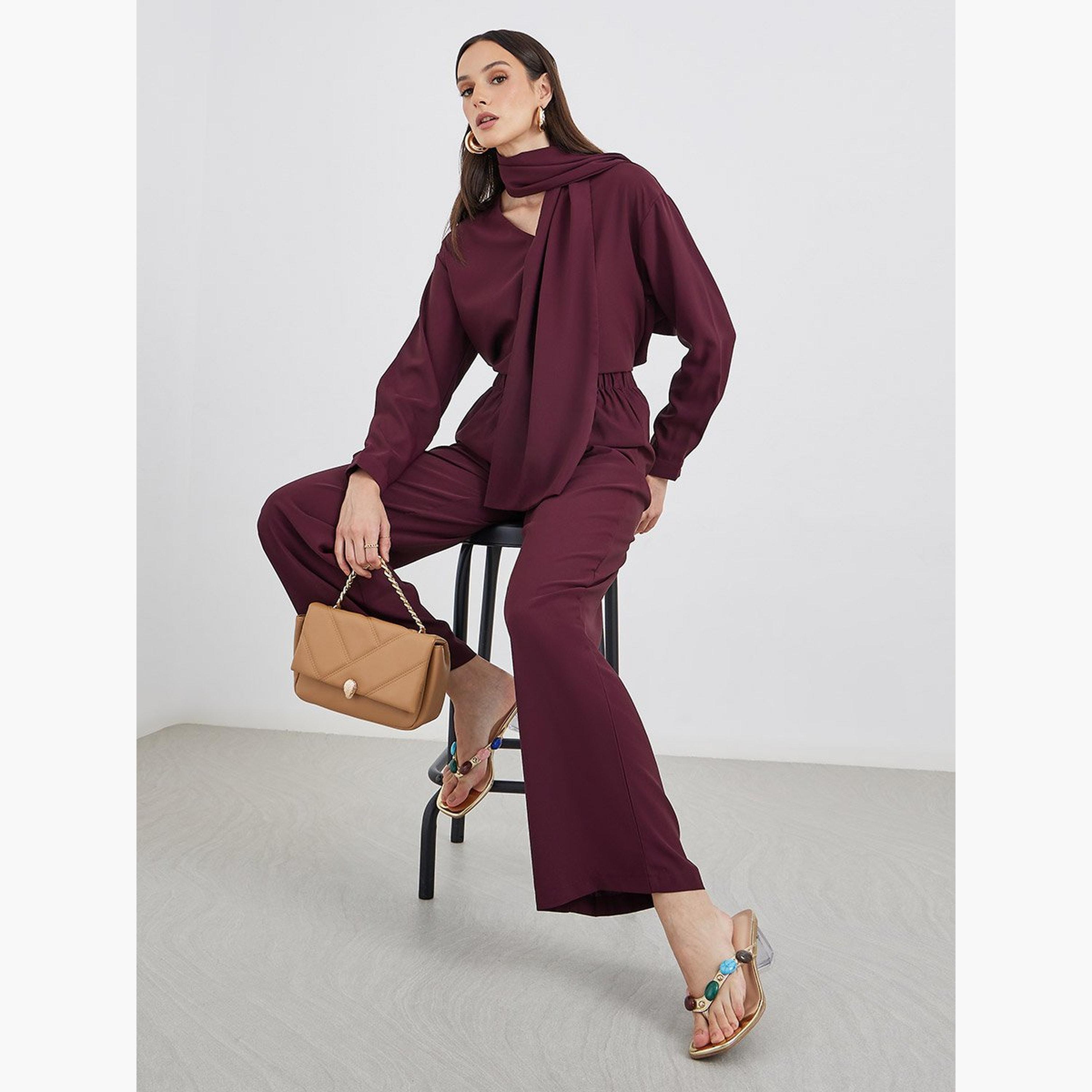 Styli Burgundy V-Neck Top and Pants Co-Ords with Scarf-women-clothing-coordsets-image-2