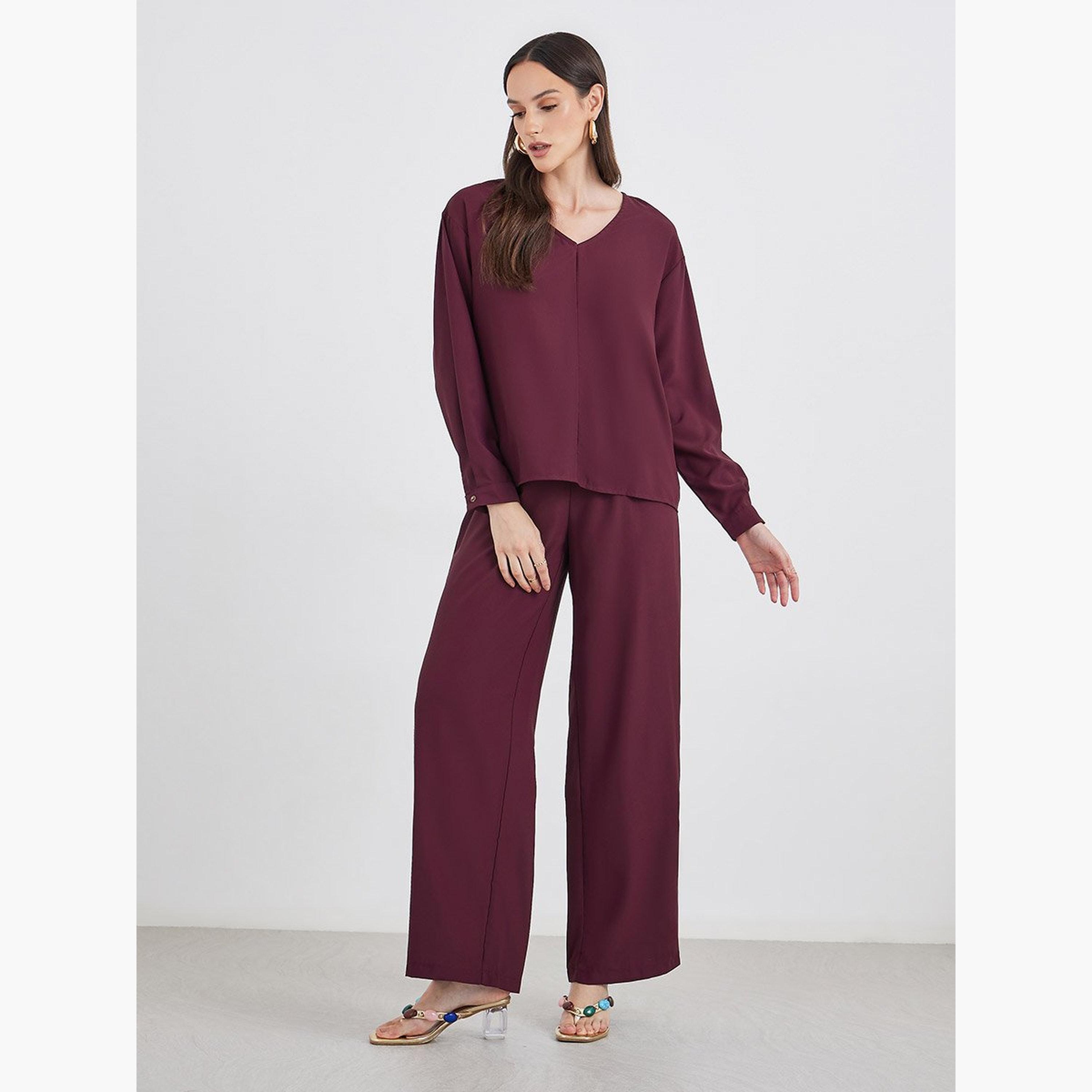 Styli Burgundy V-Neck Top and Pants Co-Ords with Scarf-women-clothing-coordsets-image-3